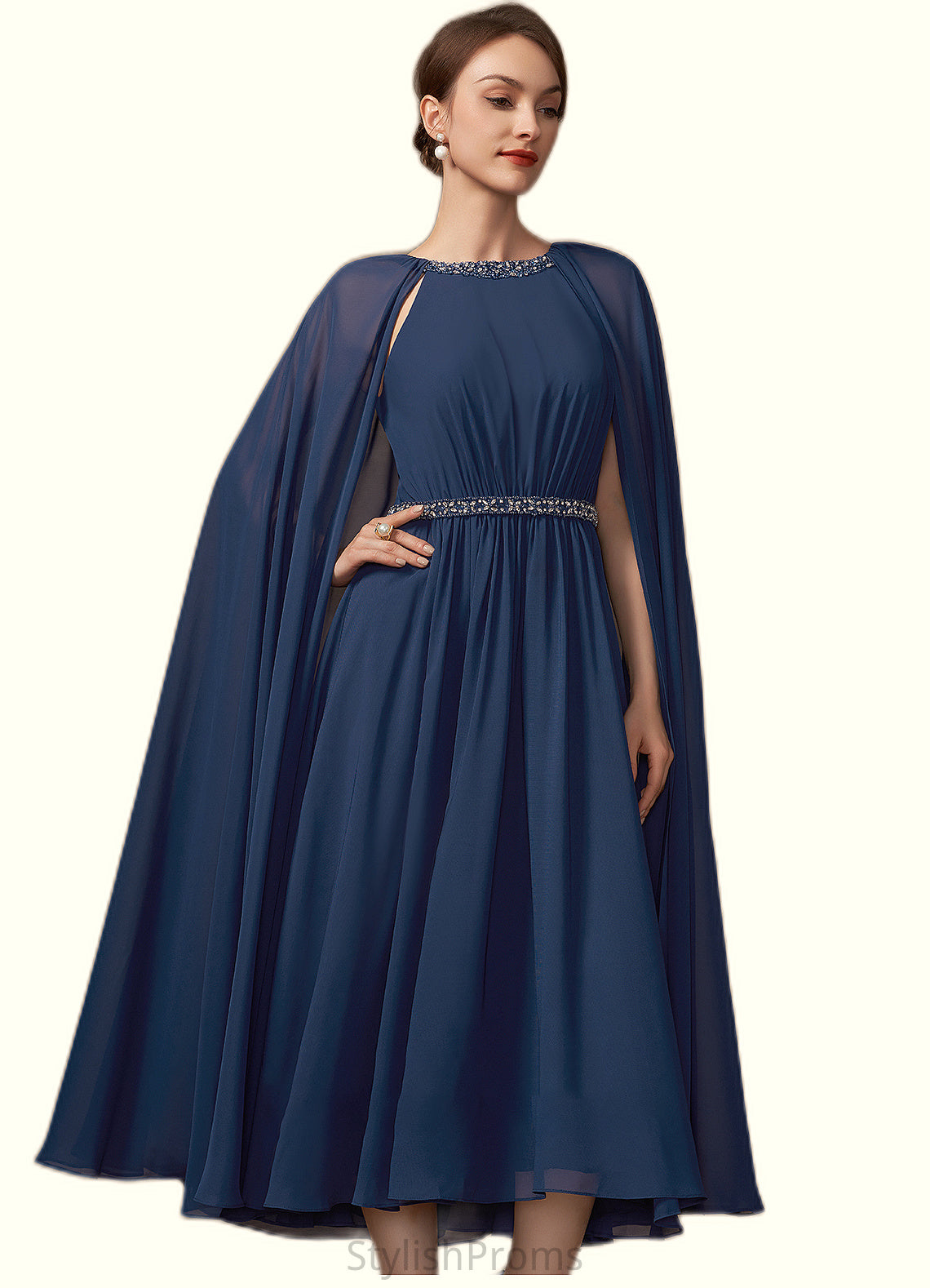 Michaela A-Line Scoop Neck Tea-Length Chiffon Mother of the Bride Dress With Beading HQ126P0014934