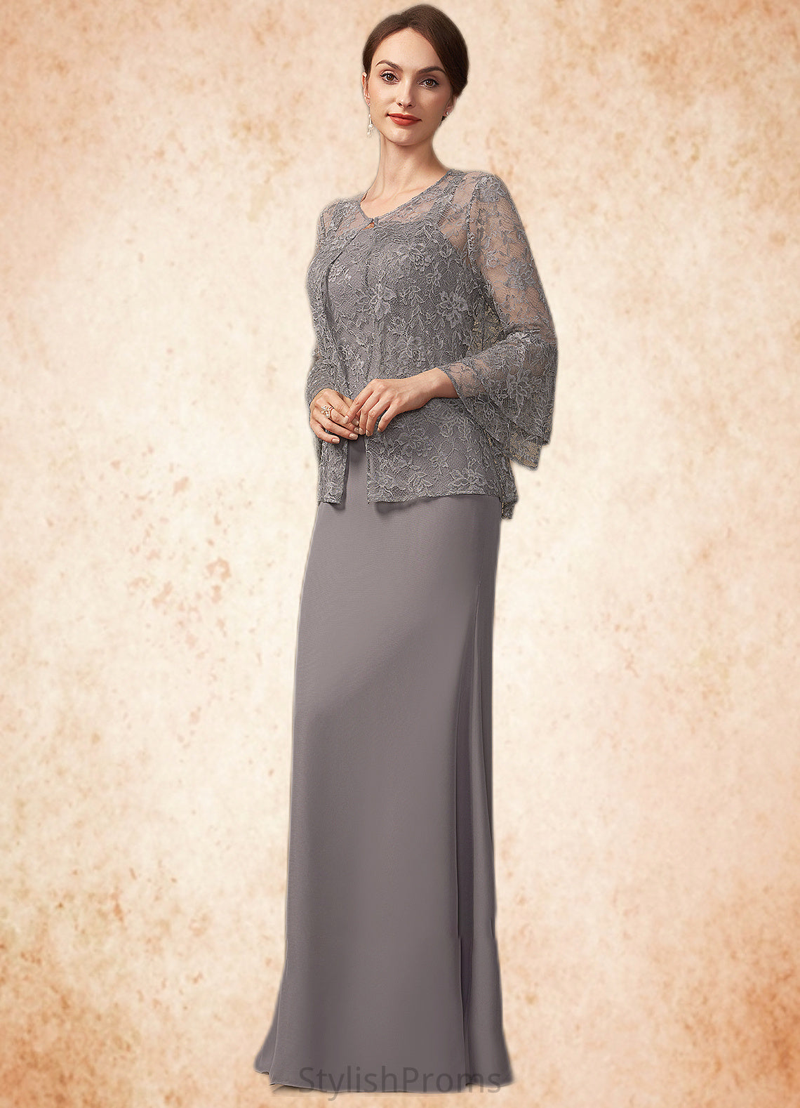 Areli Sheath/Column Square Neckline Floor-Length Chiffon Lace Mother of the Bride Dress HQ126P0014936