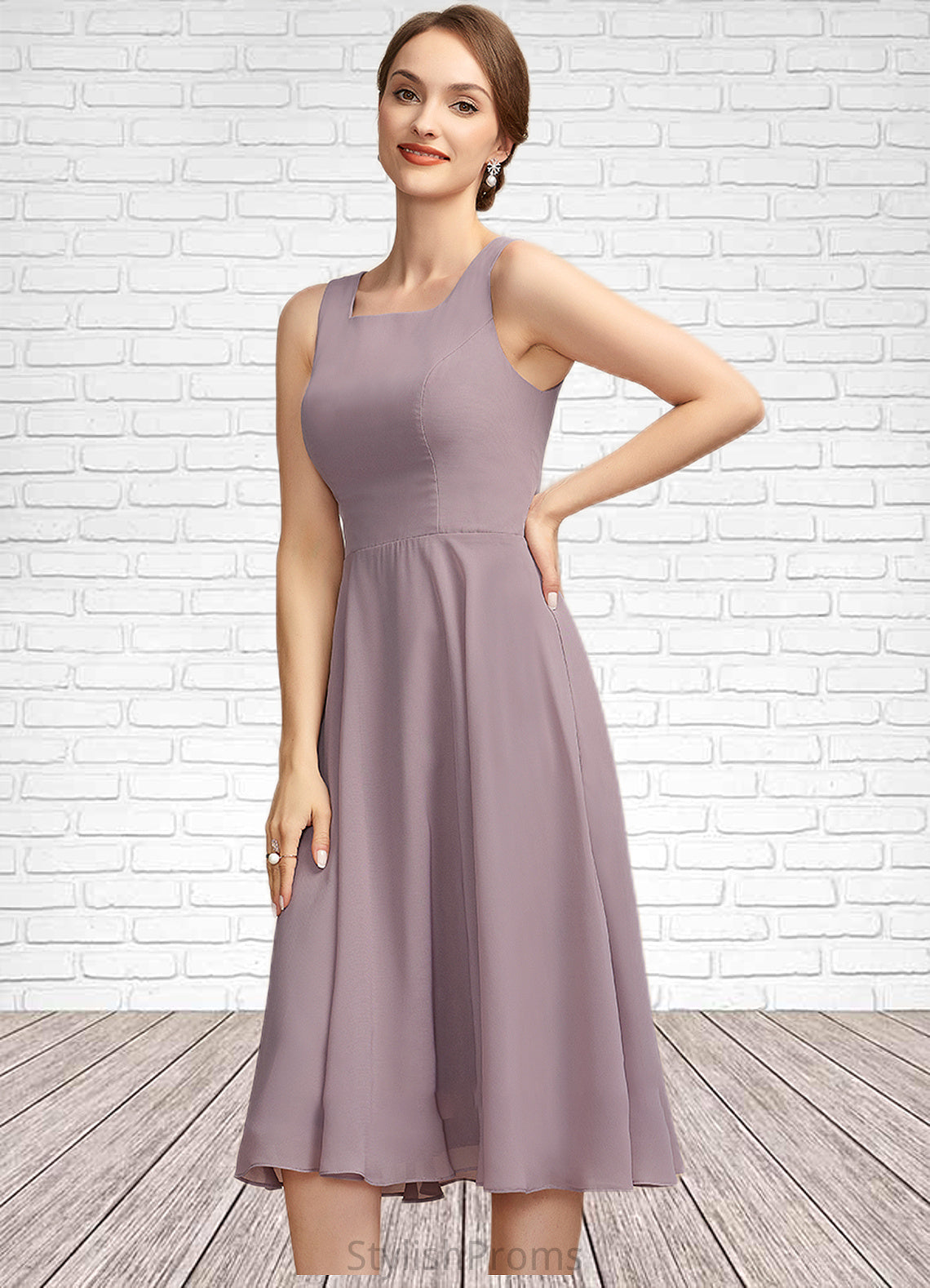 Paulina A-Line Square Neckline Knee-Length Chiffon Mother of the Bride Dress HQ126P0014940