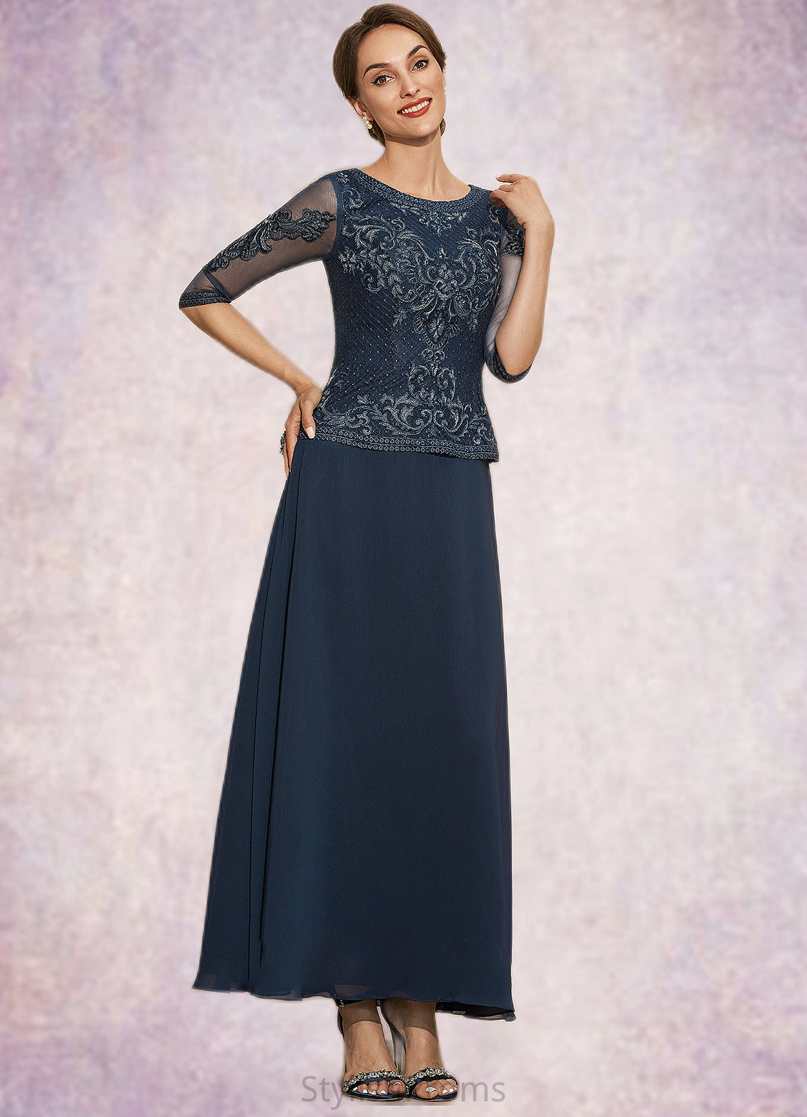 Luna A-Line Scoop Neck Ankle-Length Chiffon Lace Mother of the Bride Dress HQ126P0014942