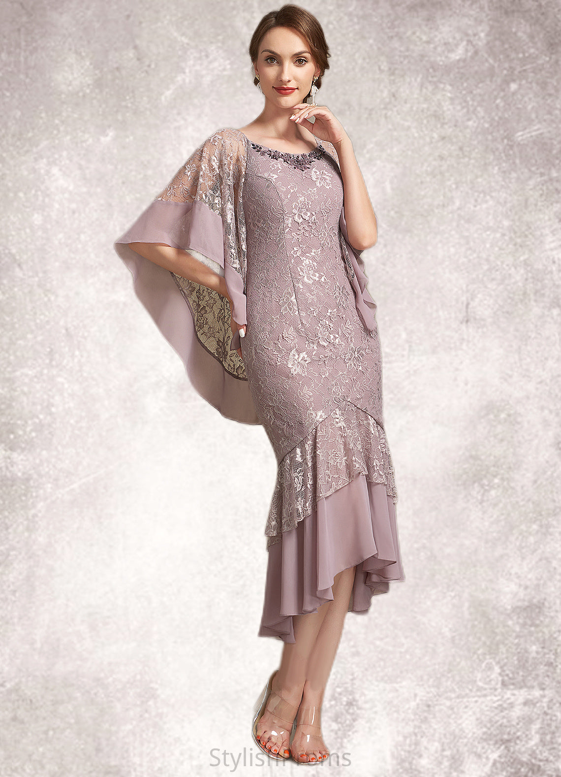 Sharon Trumpet/Mermaid Scoop Neck Asymmetrical Chiffon Lace Mother of the Bride Dress HQ126P0014945