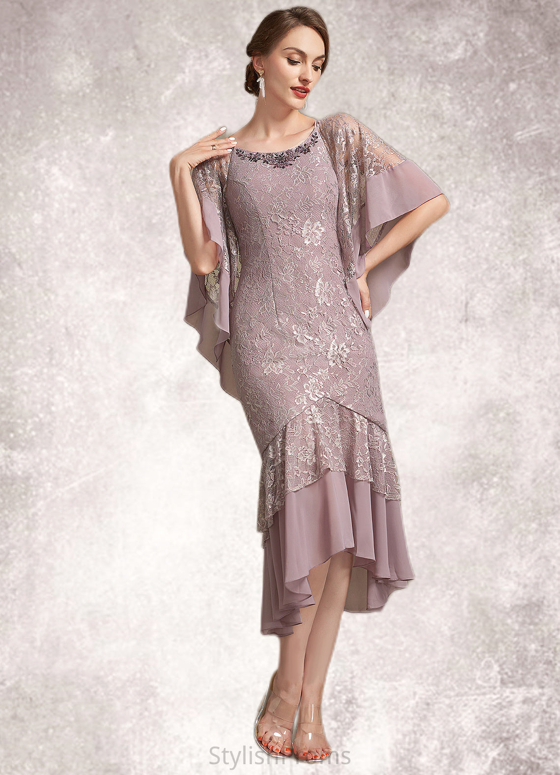 Sharon Trumpet/Mermaid Scoop Neck Asymmetrical Chiffon Lace Mother of the Bride Dress HQ126P0014945