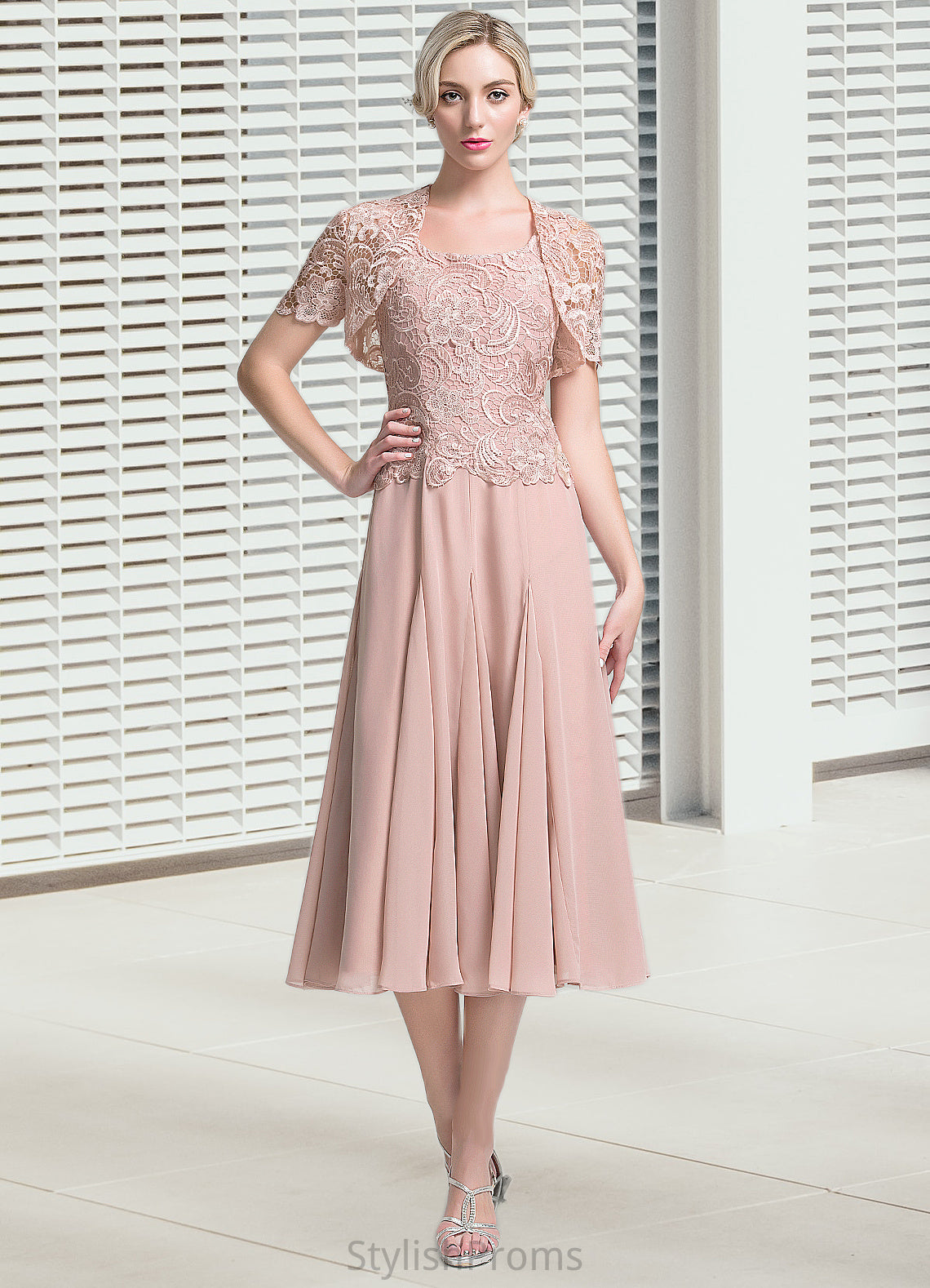 Natasha A-Line Square Neckline Tea-Length Chiffon Mother of the Bride Dress HQ126P0014947