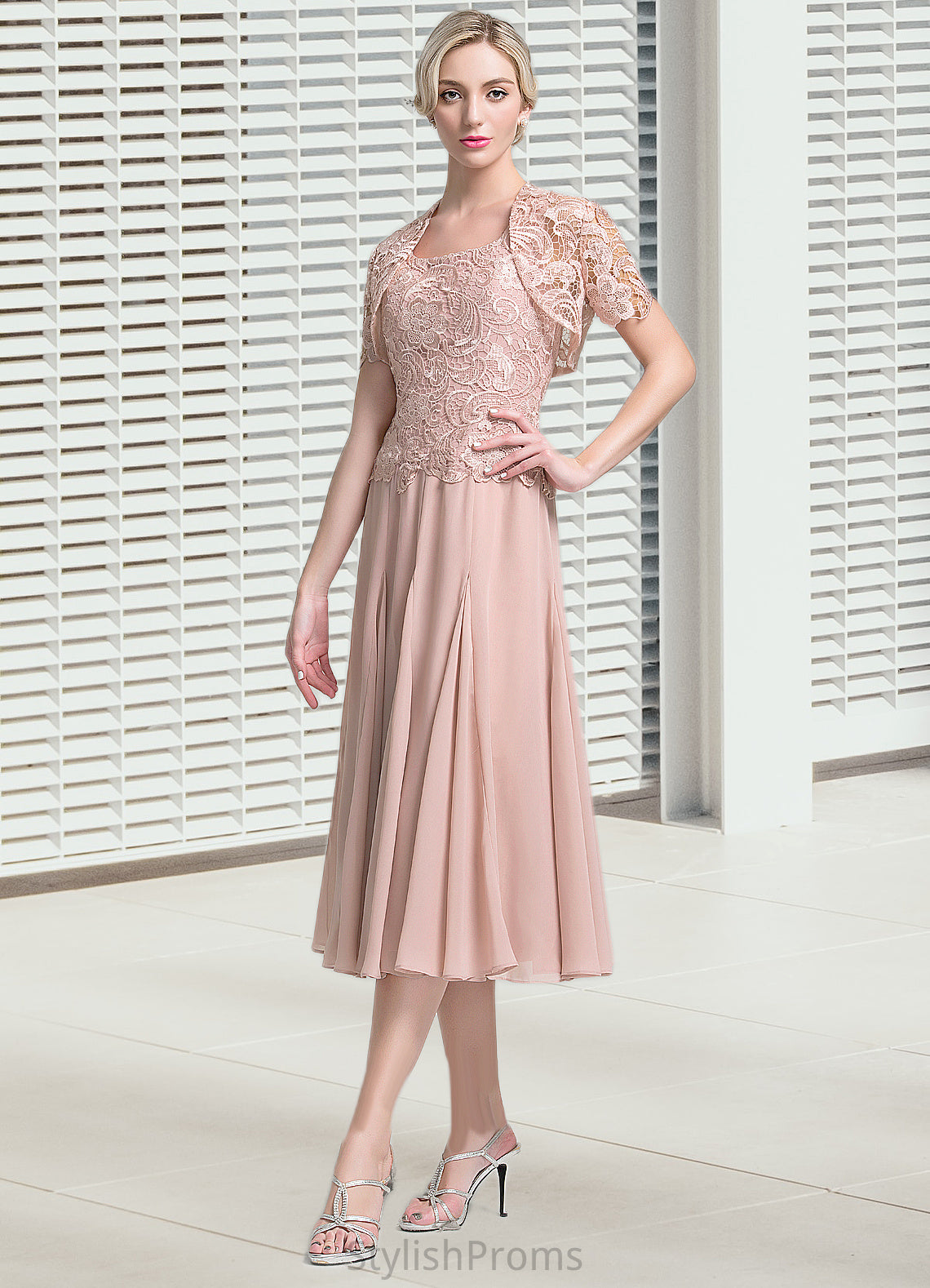 Natasha A-Line Square Neckline Tea-Length Chiffon Mother of the Bride Dress HQ126P0014947