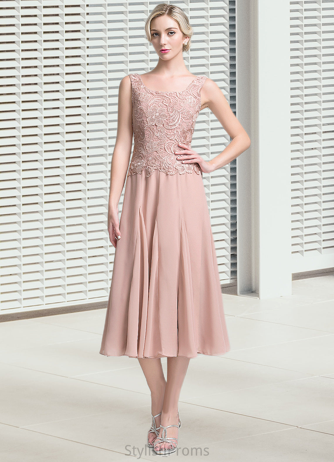 Natasha A-Line Square Neckline Tea-Length Chiffon Mother of the Bride Dress HQ126P0014947