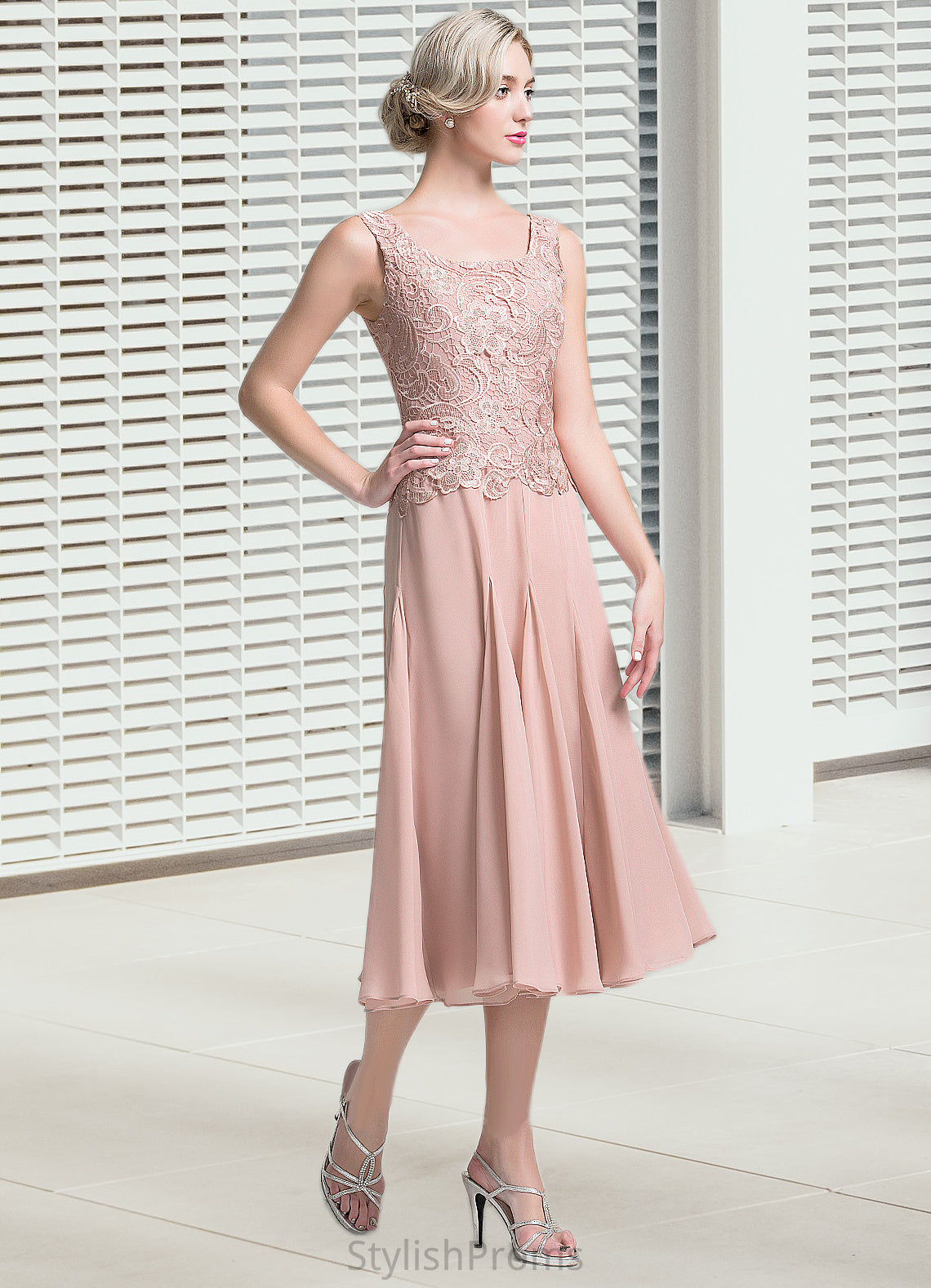 Natasha A-Line Square Neckline Tea-Length Chiffon Mother of the Bride Dress HQ126P0014947