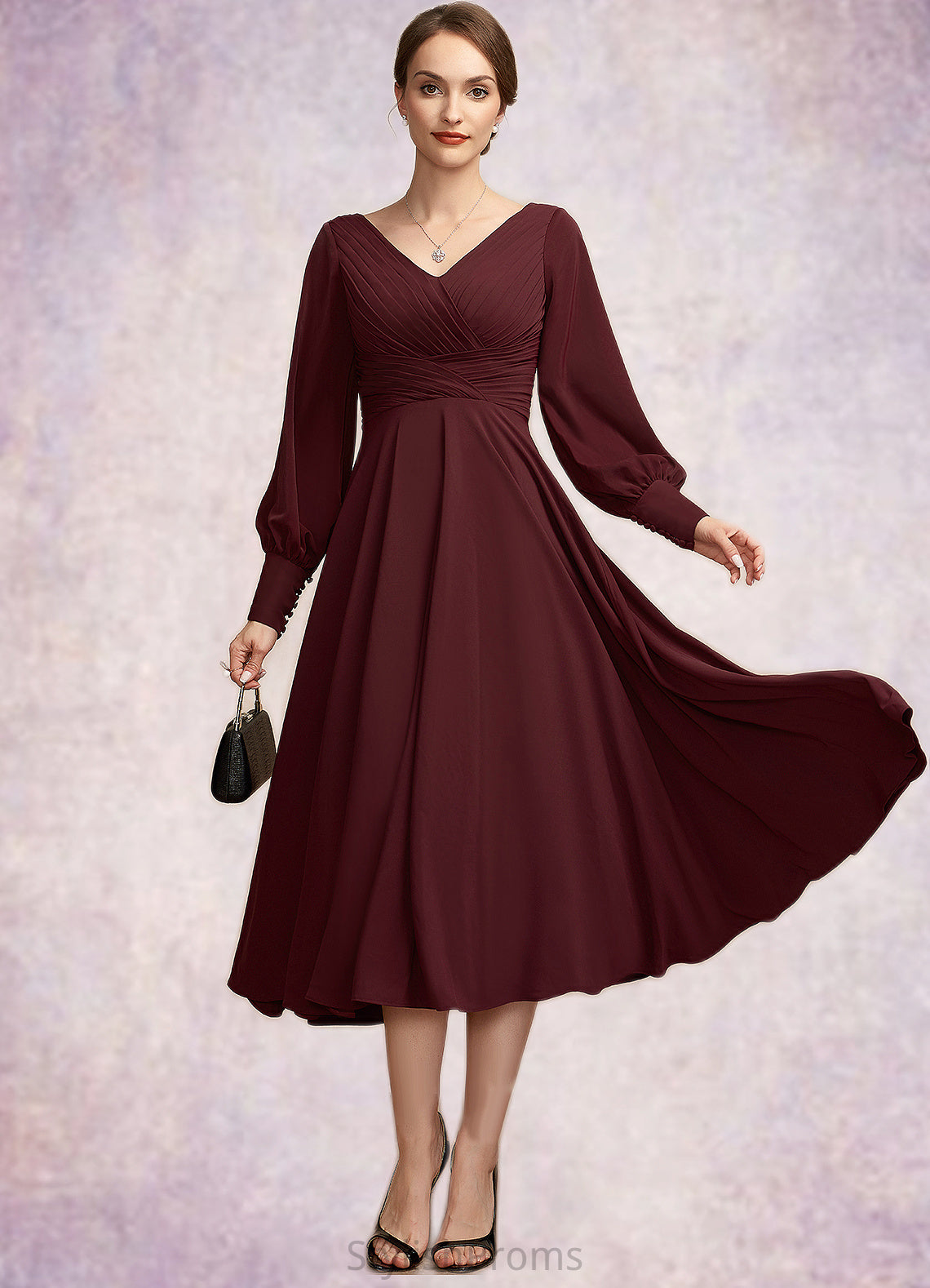 Gertrude A-Line V-neck Tea-Length Mother of the Bride Dress With Ruffle HQ126P0014948