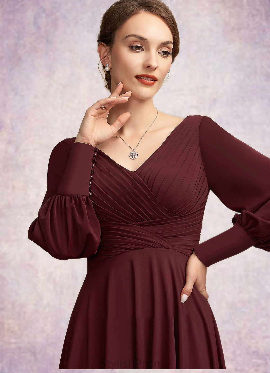 Gertrude A-Line V-neck Tea-Length Mother of the Bride Dress With Ruffle HQ126P0014948