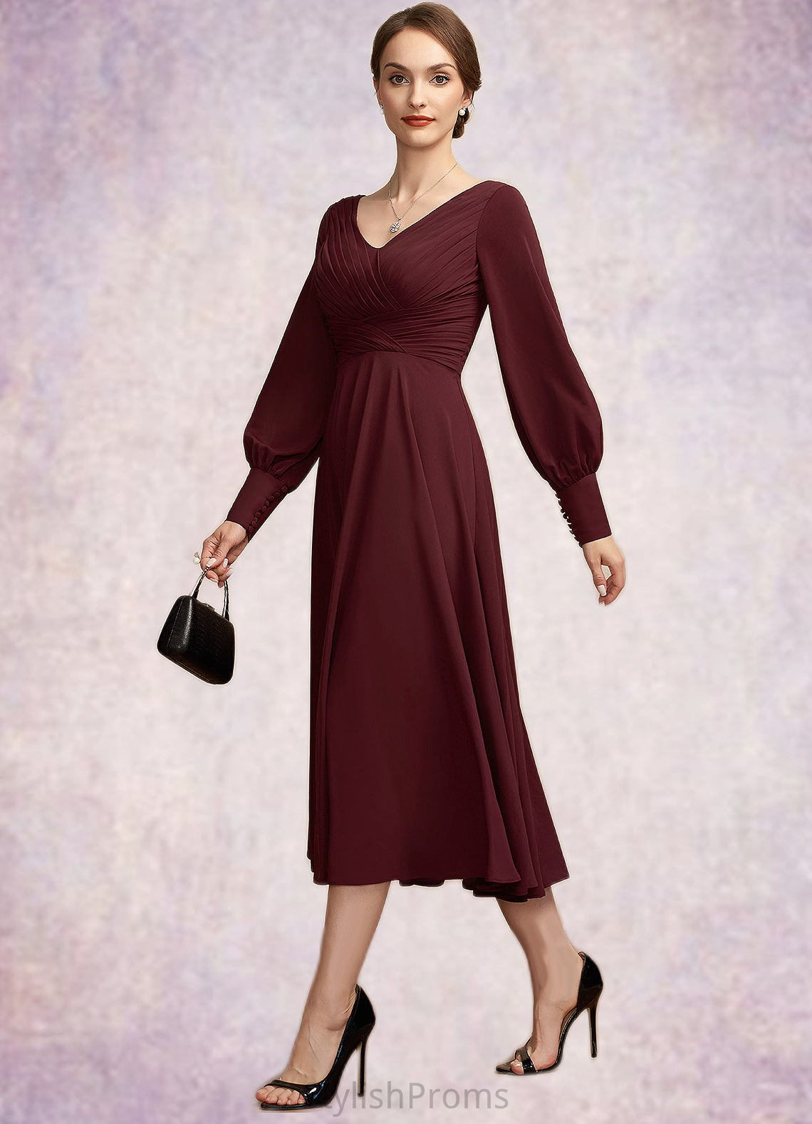 Gertrude A-Line V-neck Tea-Length Mother of the Bride Dress With Ruffle HQ126P0014948