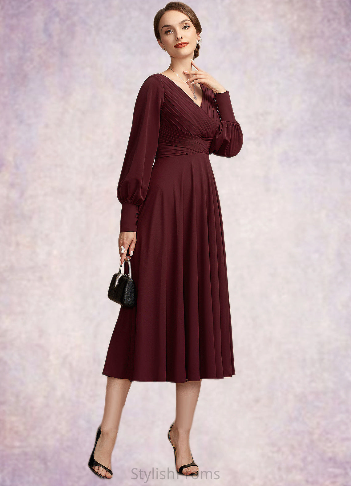 Gertrude A-Line V-neck Tea-Length Mother of the Bride Dress With Ruffle HQ126P0014948