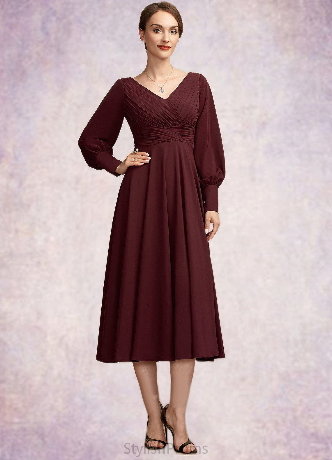 Gertrude A-Line V-neck Tea-Length Mother of the Bride Dress With Ruffle HQ126P0014948