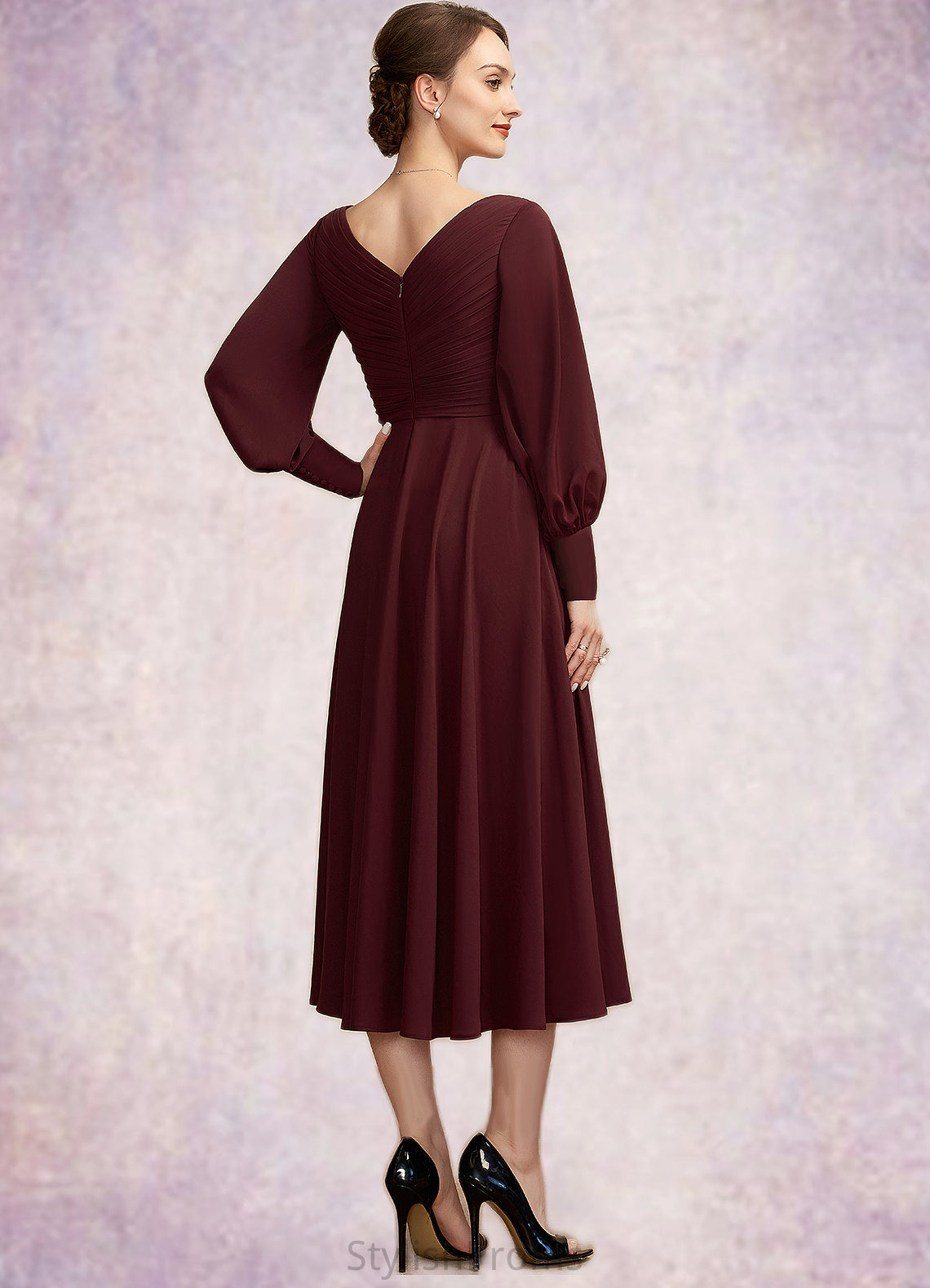 Gertrude A-Line V-neck Tea-Length Mother of the Bride Dress With Ruffle HQ126P0014948