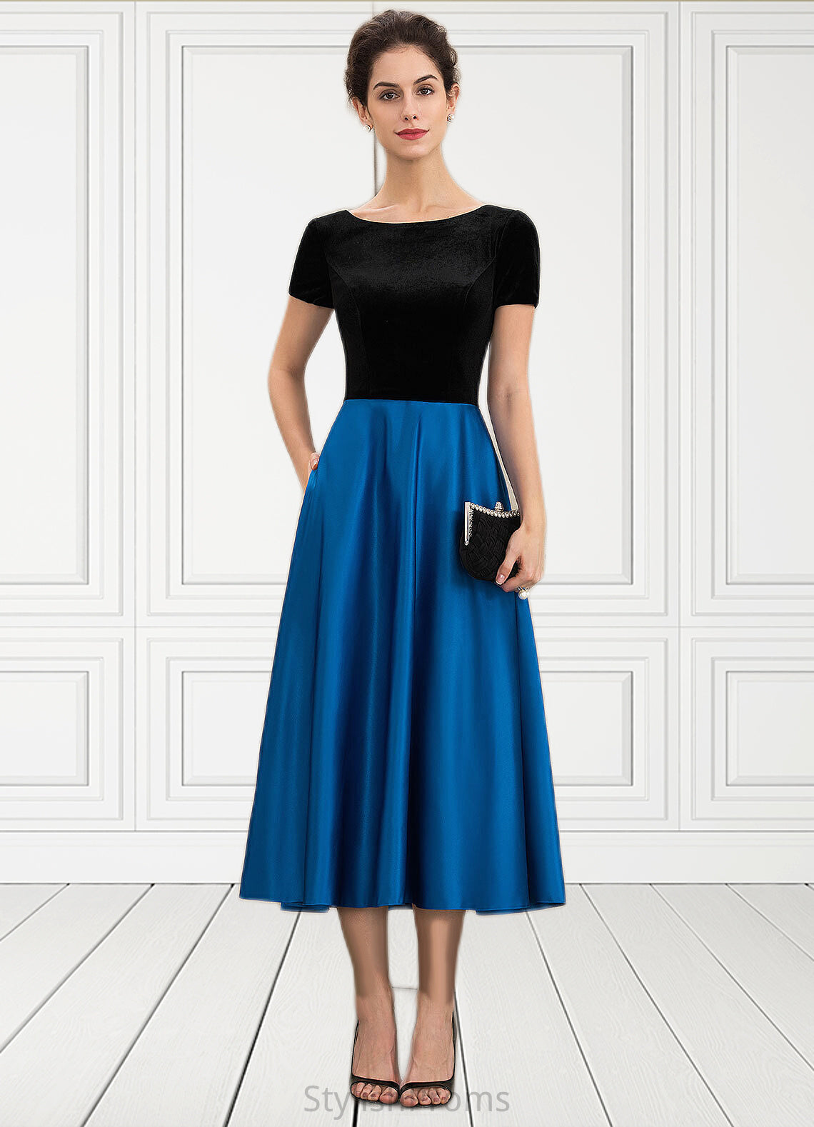 Jade A-Line Scoop Neck Tea-Length Satin Velvet Mother of the Bride Dress With Pockets HQ126P0014950