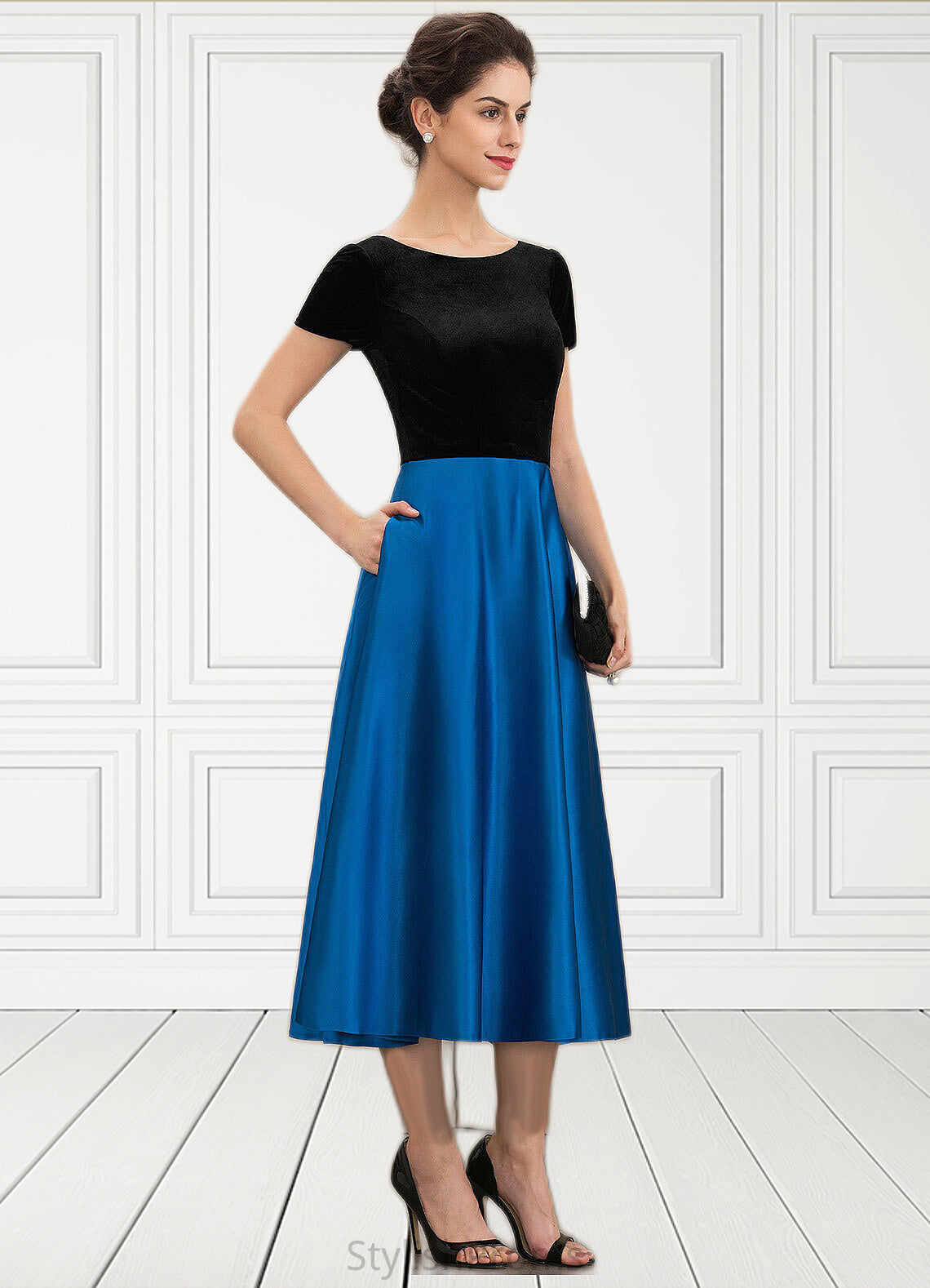 Jade A-Line Scoop Neck Tea-Length Satin Velvet Mother of the Bride Dress With Pockets HQ126P0014950