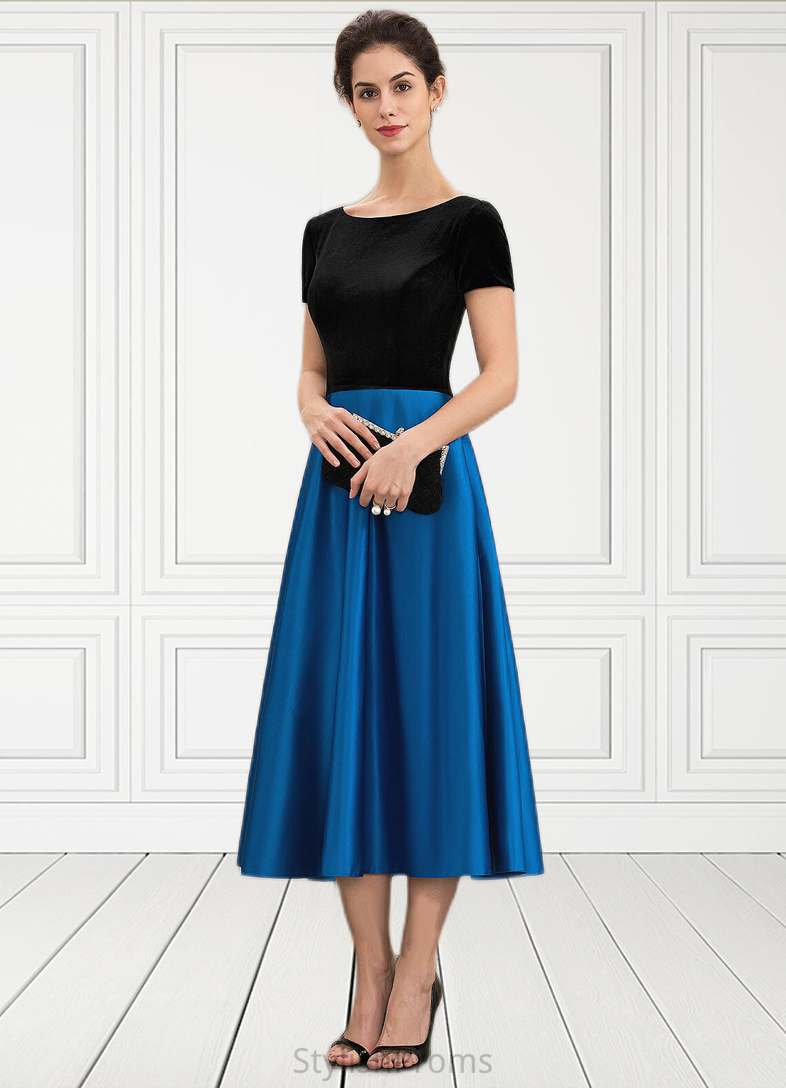 Jade A-Line Scoop Neck Tea-Length Satin Velvet Mother of the Bride Dress With Pockets HQ126P0014950