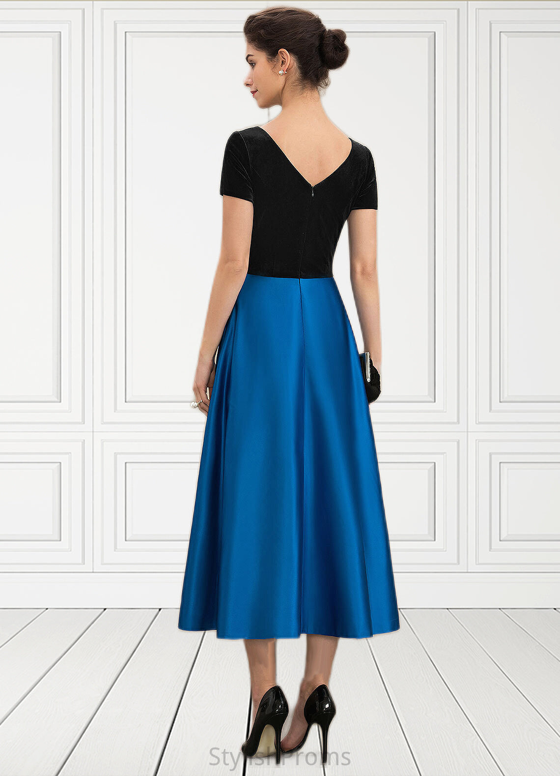 Jade A-Line Scoop Neck Tea-Length Satin Velvet Mother of the Bride Dress With Pockets HQ126P0014950