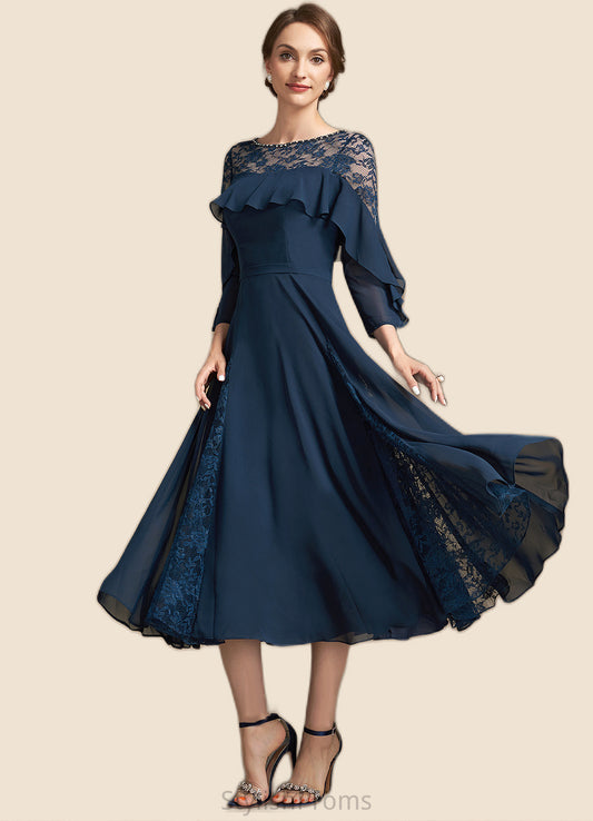 Luna A-Line Scoop Neck Tea-Length Chiffon Lace Mother of the Bride Dress With Beading Cascading Ruffles HQ126P0014952