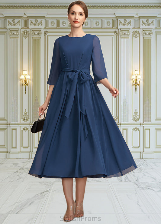 Michelle A-Line Scoop Neck Tea-Length Chiffon Mother of the Bride Dress With Ruffle Bow(s) HQ126P0014954