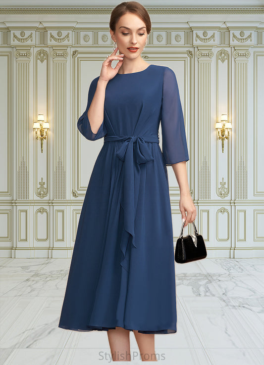 Michelle A-Line Scoop Neck Tea-Length Chiffon Mother of the Bride Dress With Ruffle Bow(s) HQ126P0014954