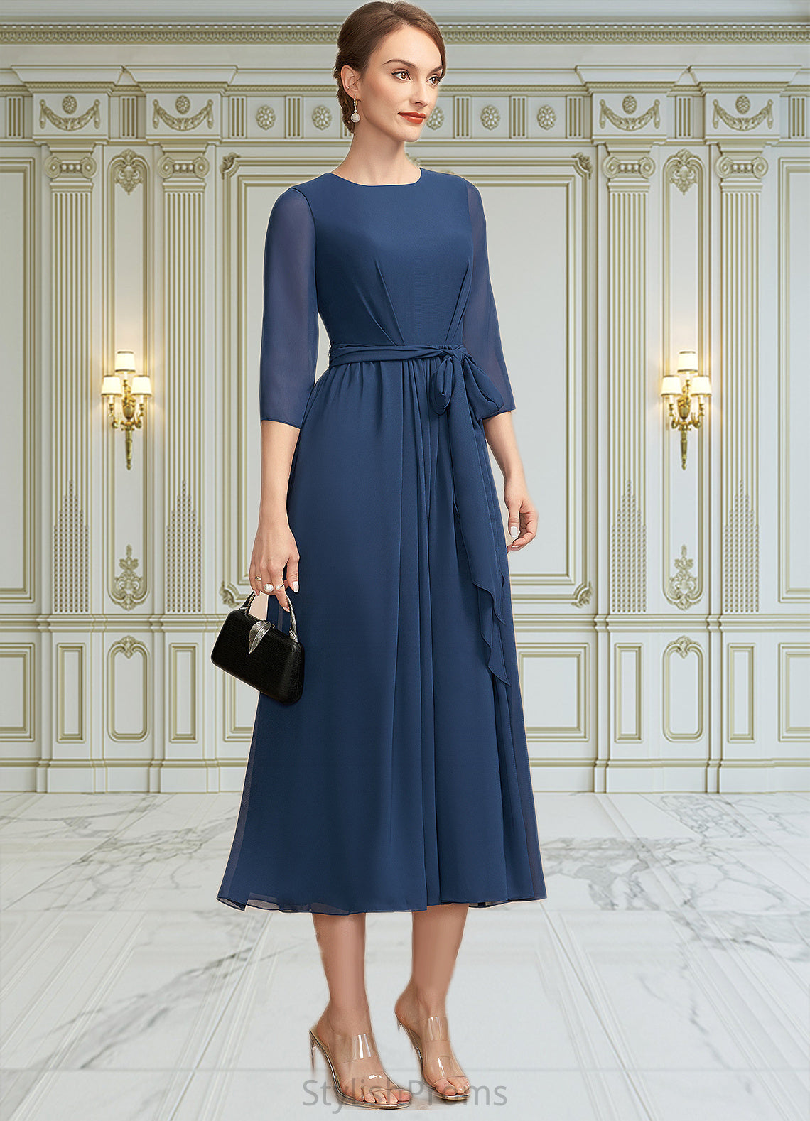 Michelle A-Line Scoop Neck Tea-Length Chiffon Mother of the Bride Dress With Ruffle Bow(s) HQ126P0014954