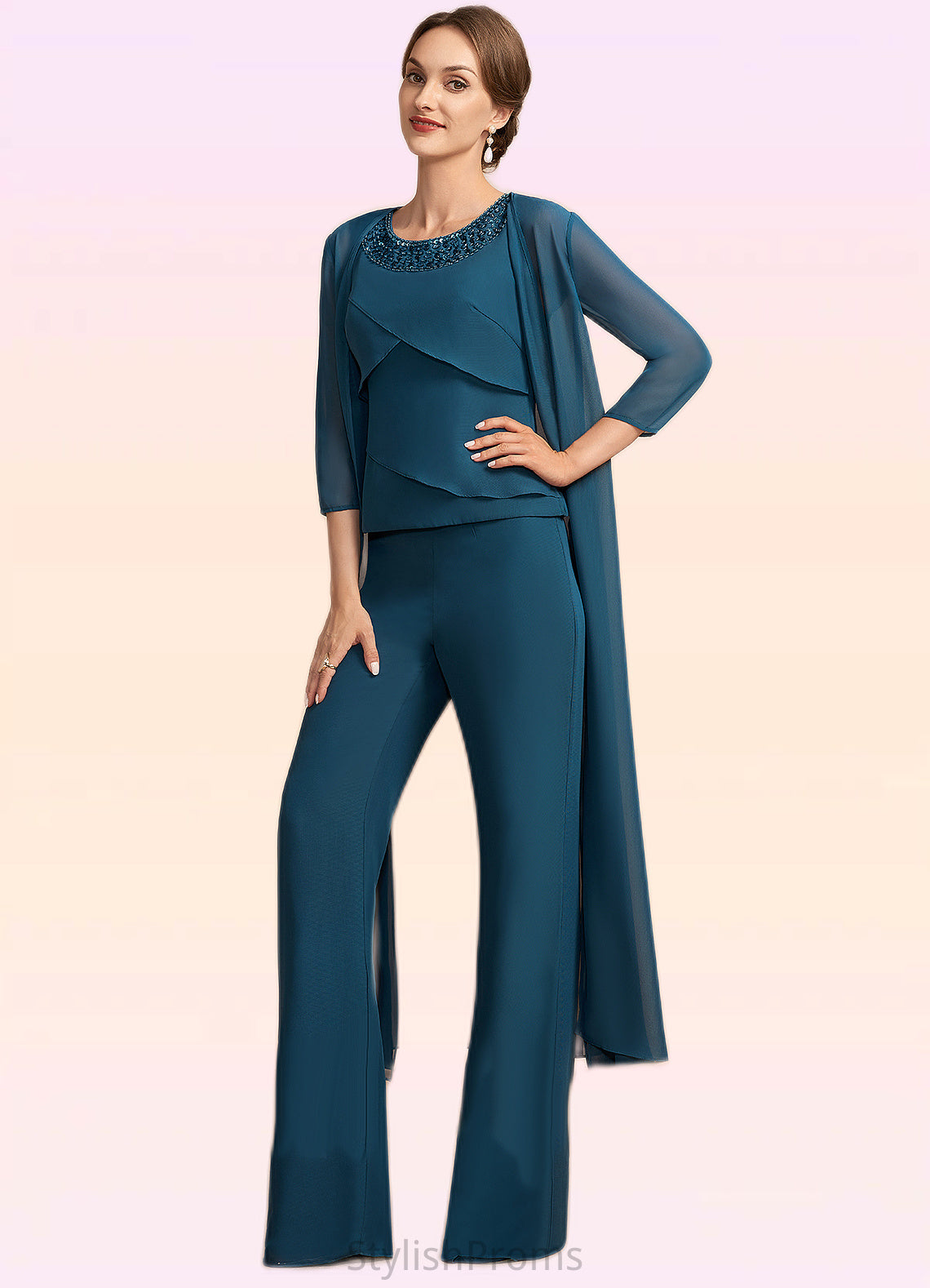 Mila Jumpsuit/Pantsuit Scoop Neck Floor-Length Chiffon Mother of the Bride Dress With Beading Cascading Ruffles HQ126P0014956