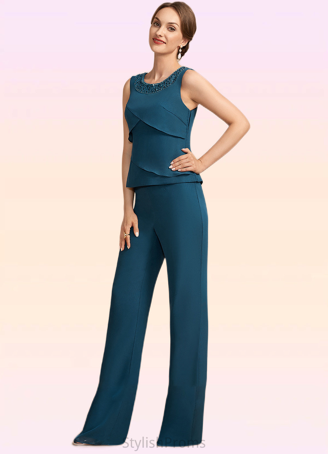 Mila Jumpsuit/Pantsuit Scoop Neck Floor-Length Chiffon Mother of the Bride Dress With Beading Cascading Ruffles HQ126P0014956