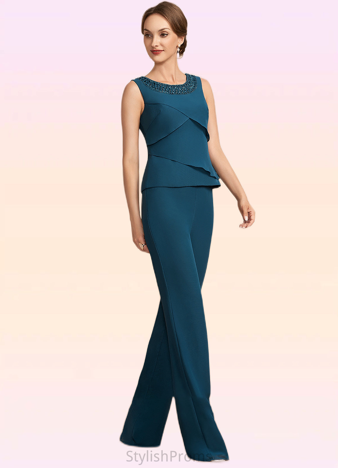 Mila Jumpsuit/Pantsuit Scoop Neck Floor-Length Chiffon Mother of the Bride Dress With Beading Cascading Ruffles HQ126P0014956