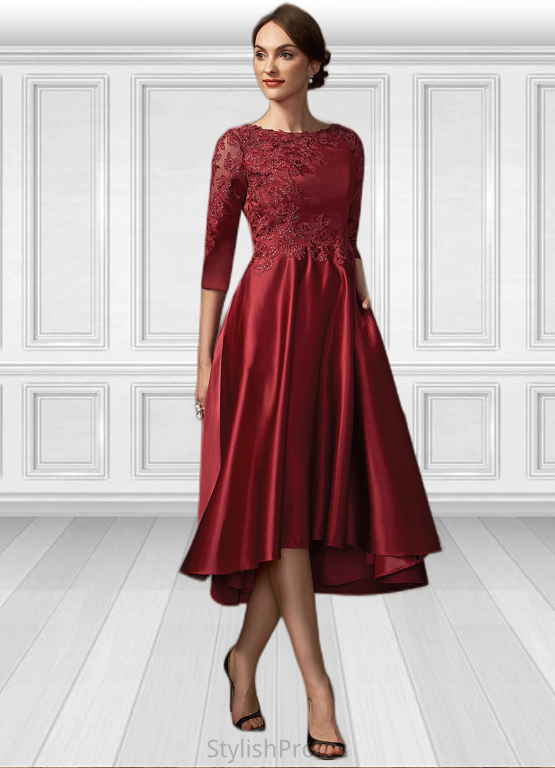 Millicent A-Line Scoop Neck Asymmetrical Satin Lace Mother of the Bride Dress With Sequins Pockets HQ126P0014962