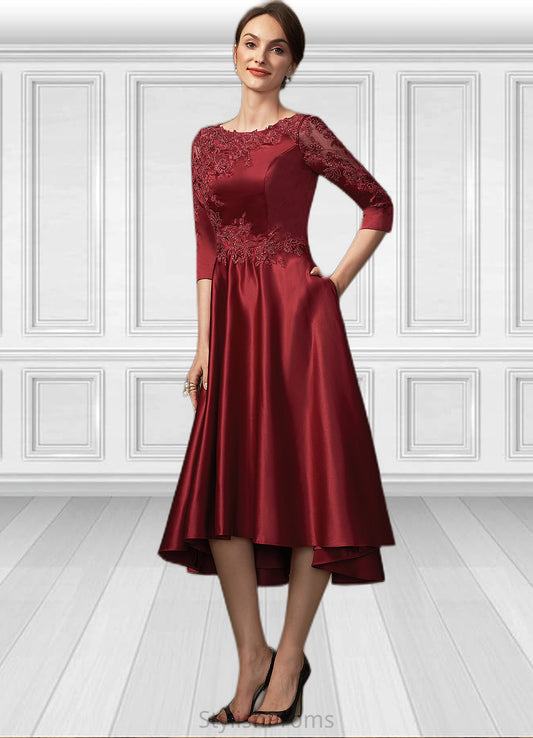 Millicent A-Line Scoop Neck Asymmetrical Satin Lace Mother of the Bride Dress With Sequins Pockets HQ126P0014962