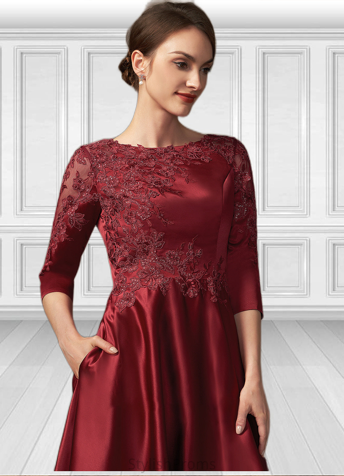 Millicent A-Line Scoop Neck Asymmetrical Satin Lace Mother of the Bride Dress With Sequins Pockets HQ126P0014962