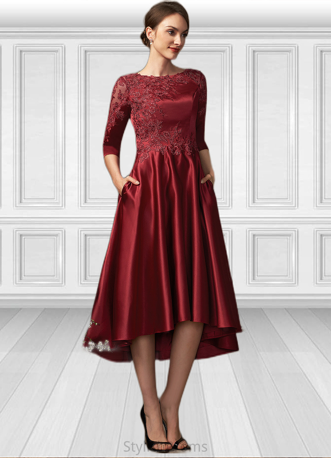 Millicent A-Line Scoop Neck Asymmetrical Satin Lace Mother of the Bride Dress With Sequins Pockets HQ126P0014962