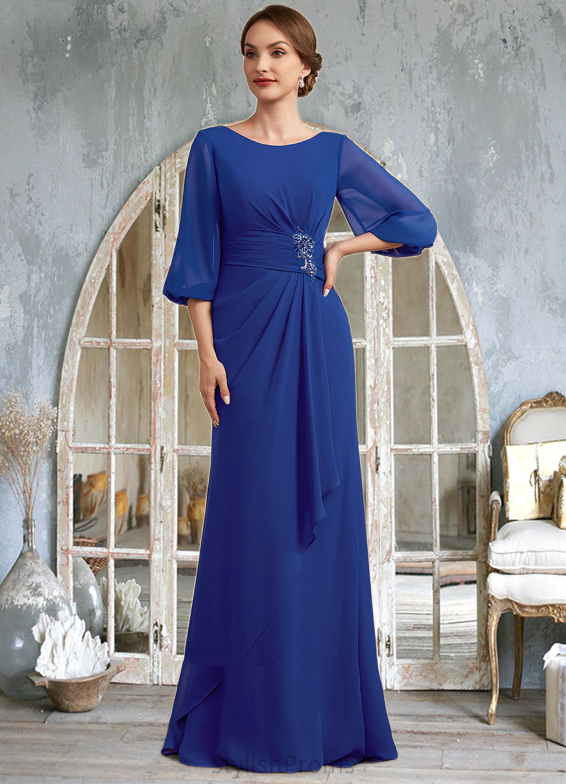 Yaritza A-Line Scoop Neck Floor-Length Chiffon Mother of the Bride Dress With Ruffle Beading HQ126P0014963