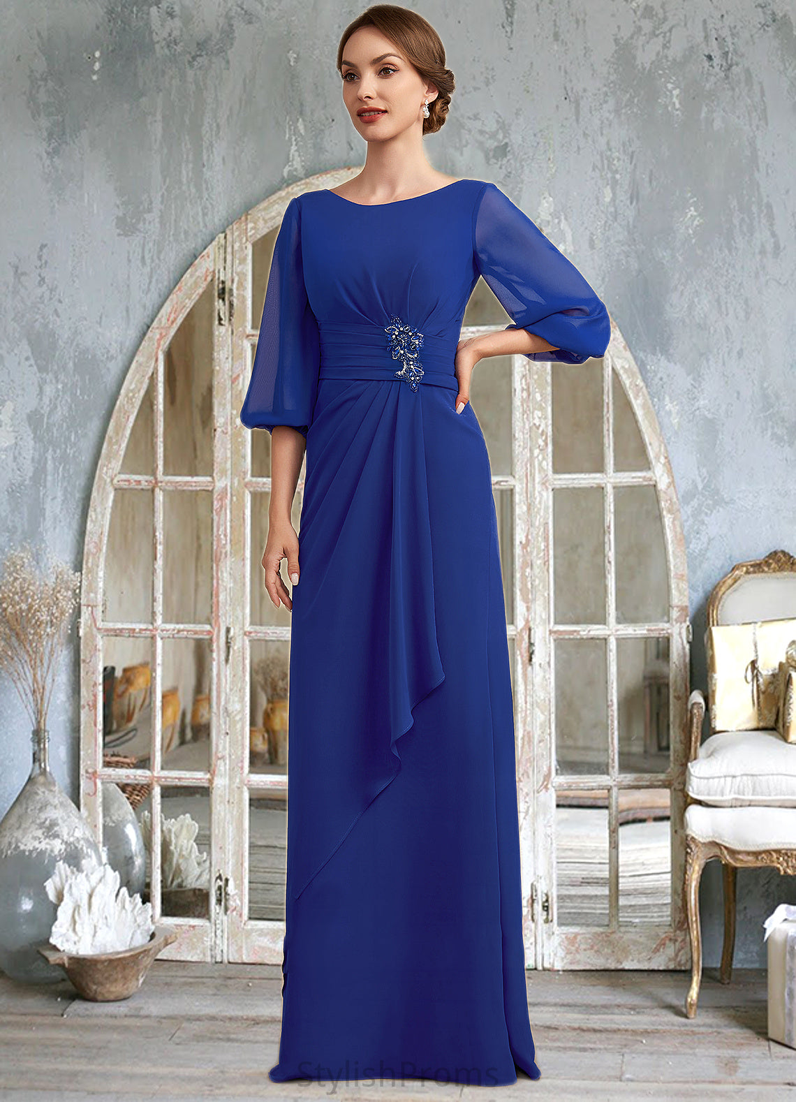 Yaritza A-Line Scoop Neck Floor-Length Chiffon Mother of the Bride Dress With Ruffle Beading HQ126P0014963