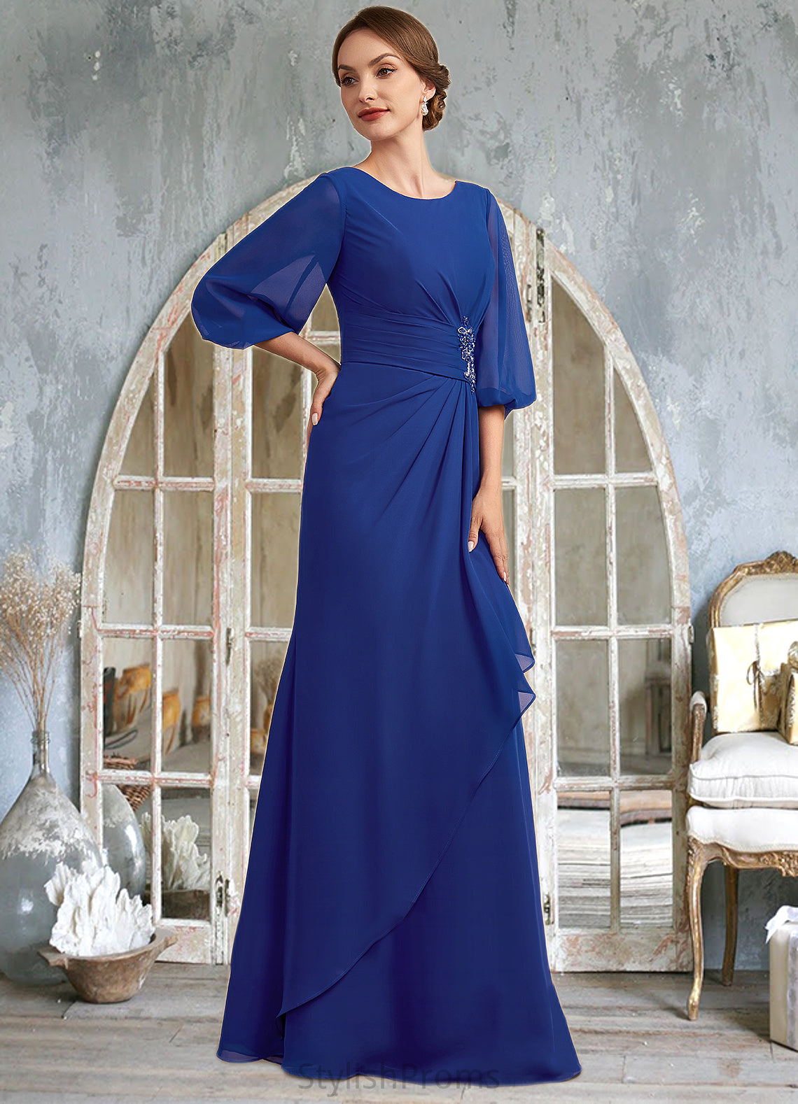 Yaritza A-Line Scoop Neck Floor-Length Chiffon Mother of the Bride Dress With Ruffle Beading HQ126P0014963