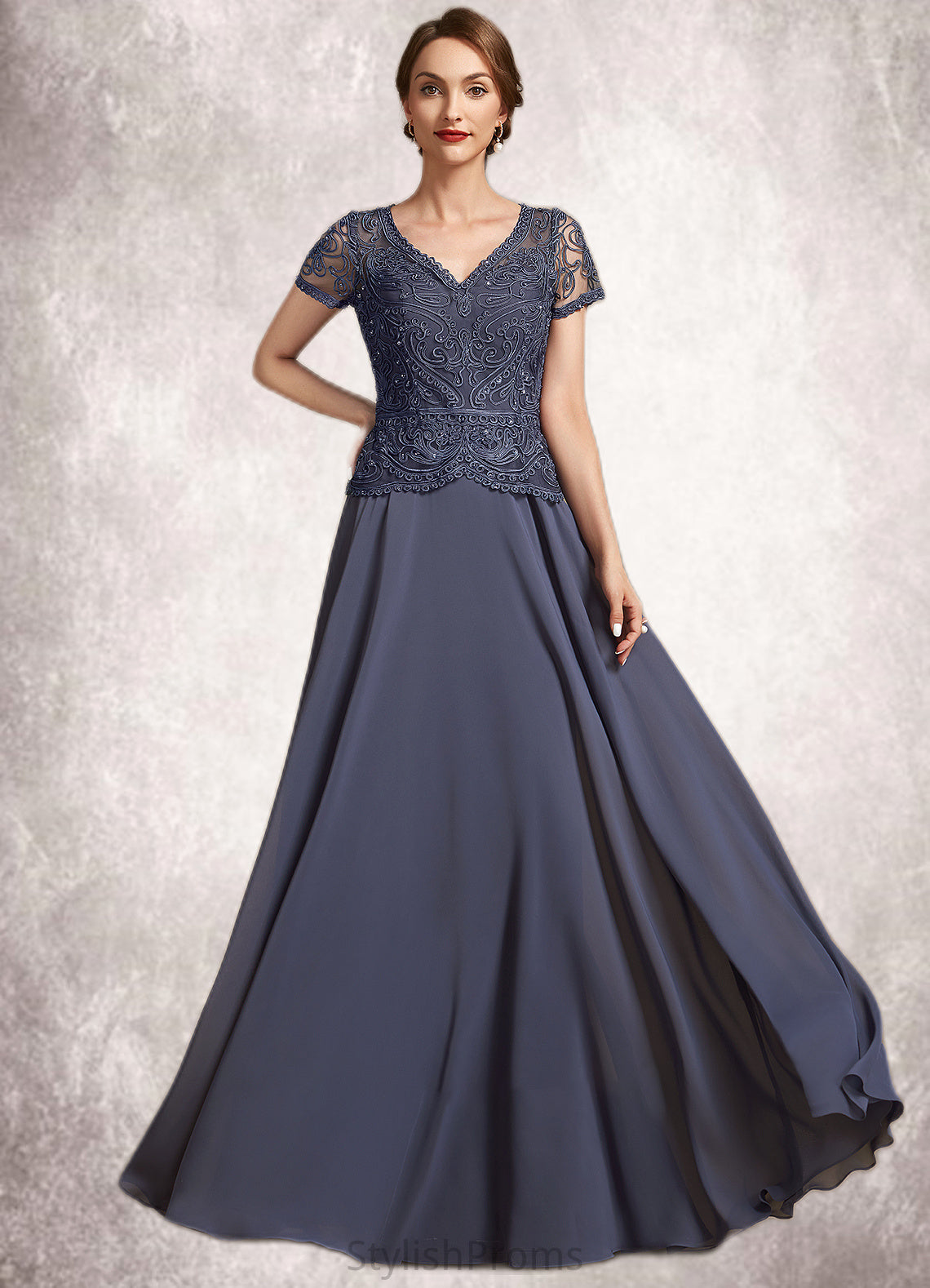 Jenny A-Line V-neck Floor-Length Chiffon Lace Mother of the Bride Dress With Sequins HQ126P0014964