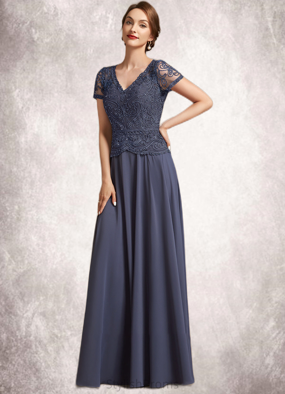 Jenny A-Line V-neck Floor-Length Chiffon Lace Mother of the Bride Dress With Sequins HQ126P0014964