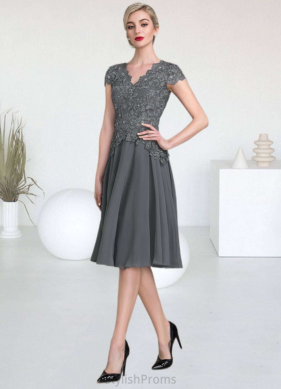 Jazmine A-Line V-neck Knee-Length Mother of the Bride Dress With Beading HQ126P0014965