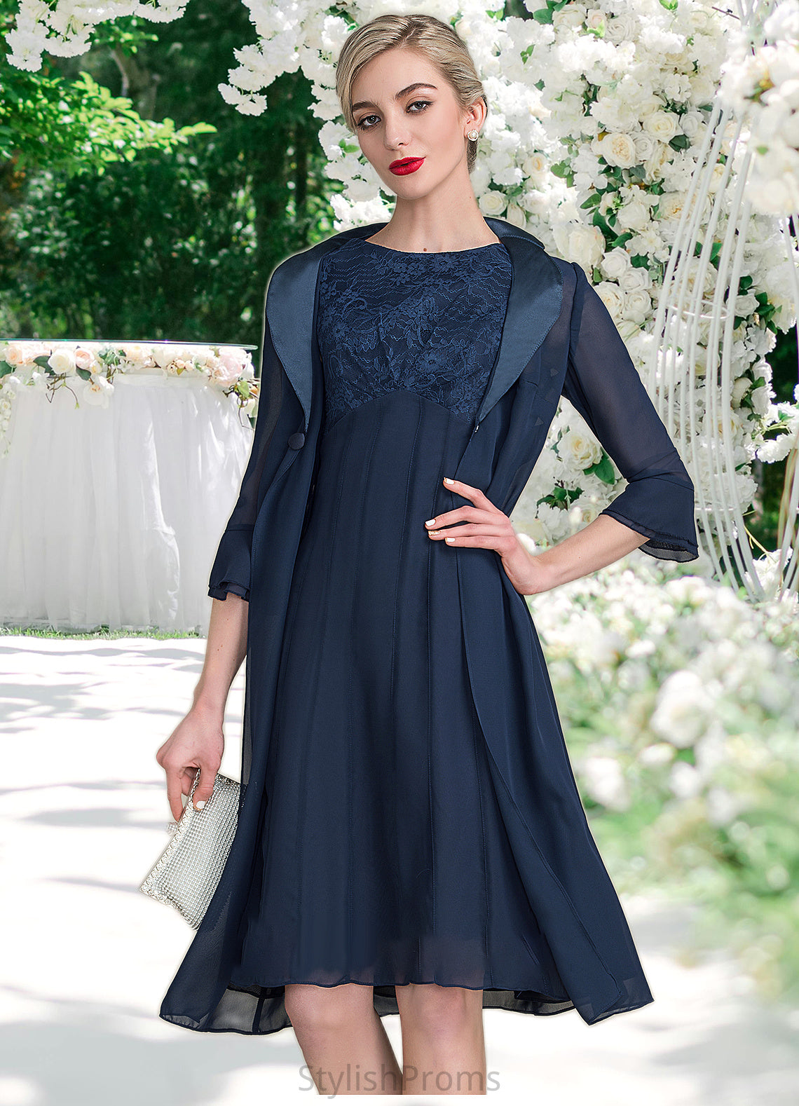 Isla A-Line Scoop Neck Knee-Length Chiffon Lace Mother of the Bride Dress With Ruffle HQ126P0014966