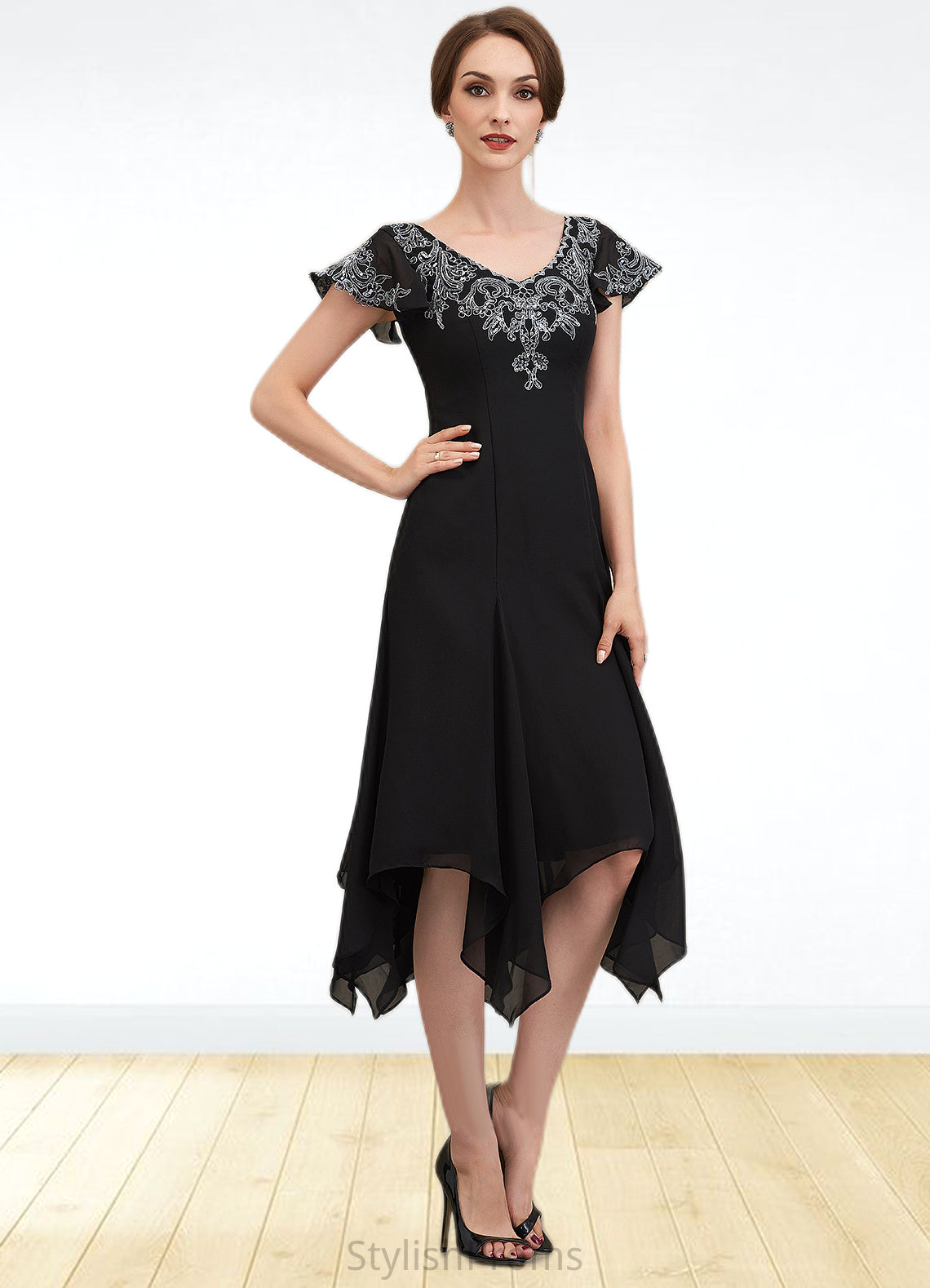 Gianna A-Line V-neck Tea-Length Chiffon Lace Mother of the Bride Dress With Sequins HQ126P0014967