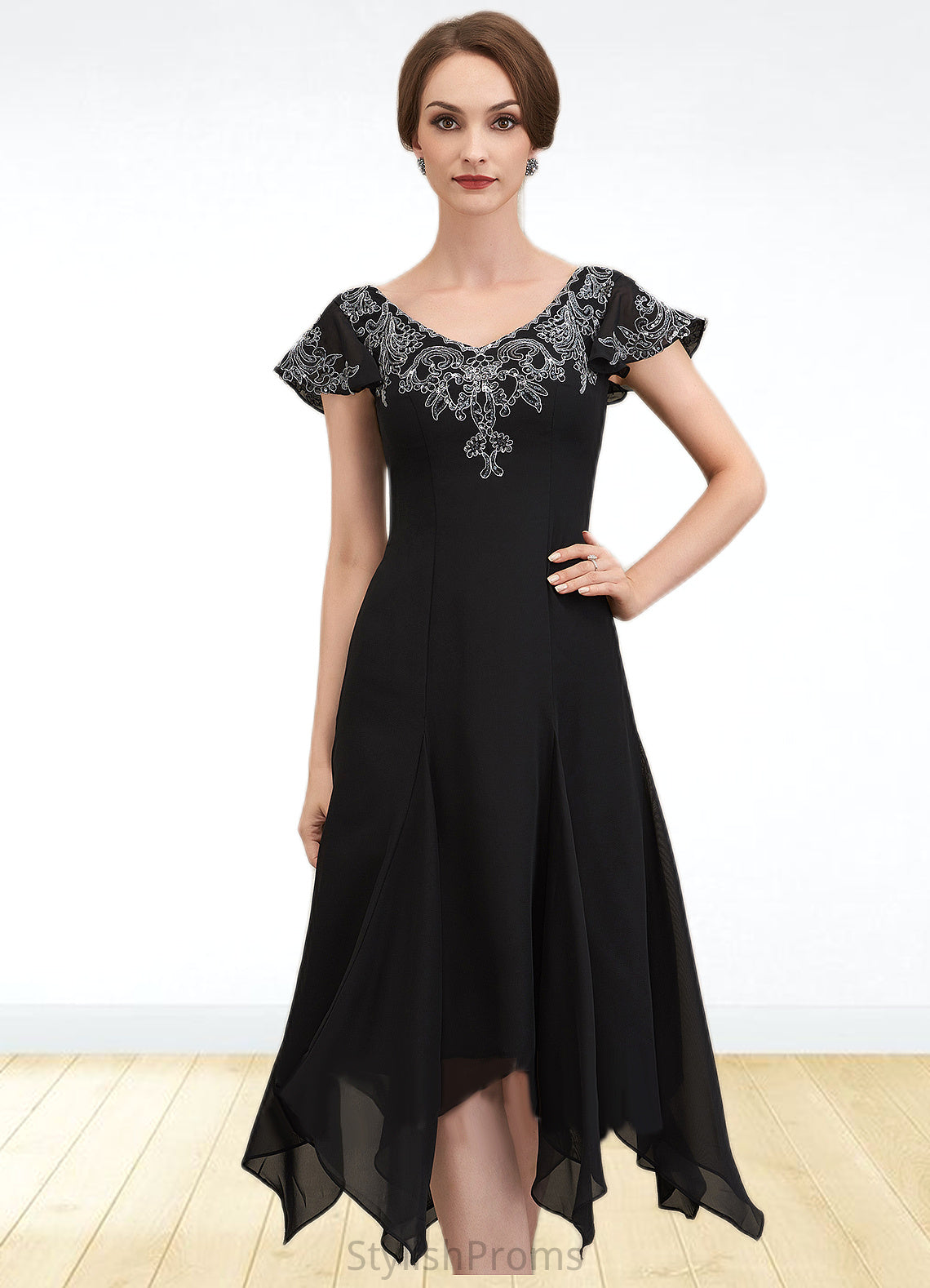 Gianna A-Line V-neck Tea-Length Chiffon Lace Mother of the Bride Dress With Sequins HQ126P0014967