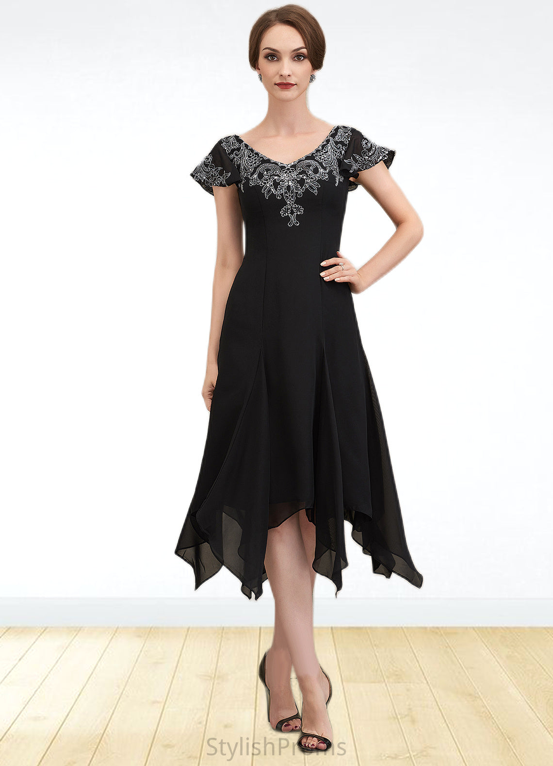 Gianna A-Line V-neck Tea-Length Chiffon Lace Mother of the Bride Dress With Sequins HQ126P0014967