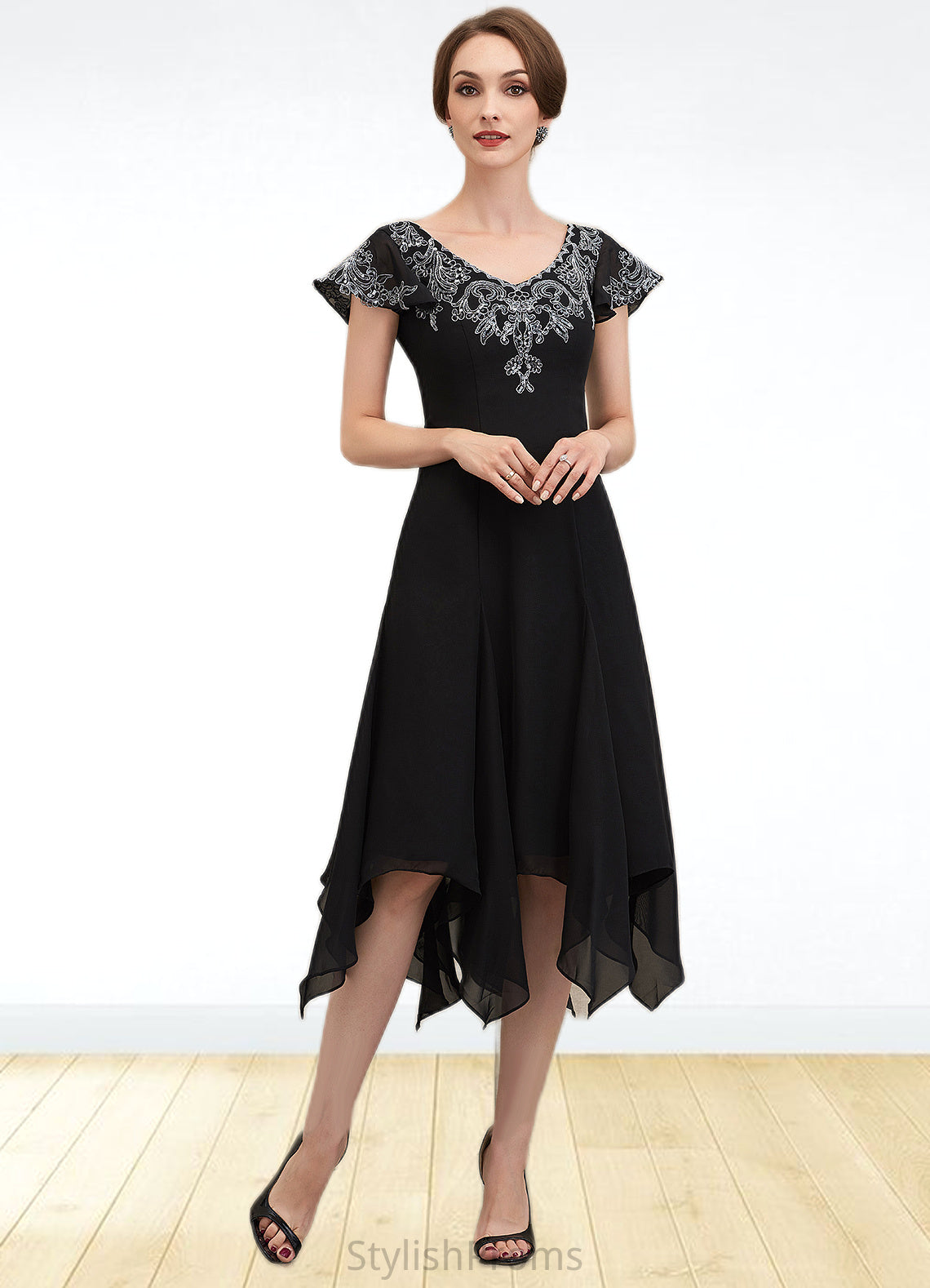 Gianna A-Line V-neck Tea-Length Chiffon Lace Mother of the Bride Dress With Sequins HQ126P0014967