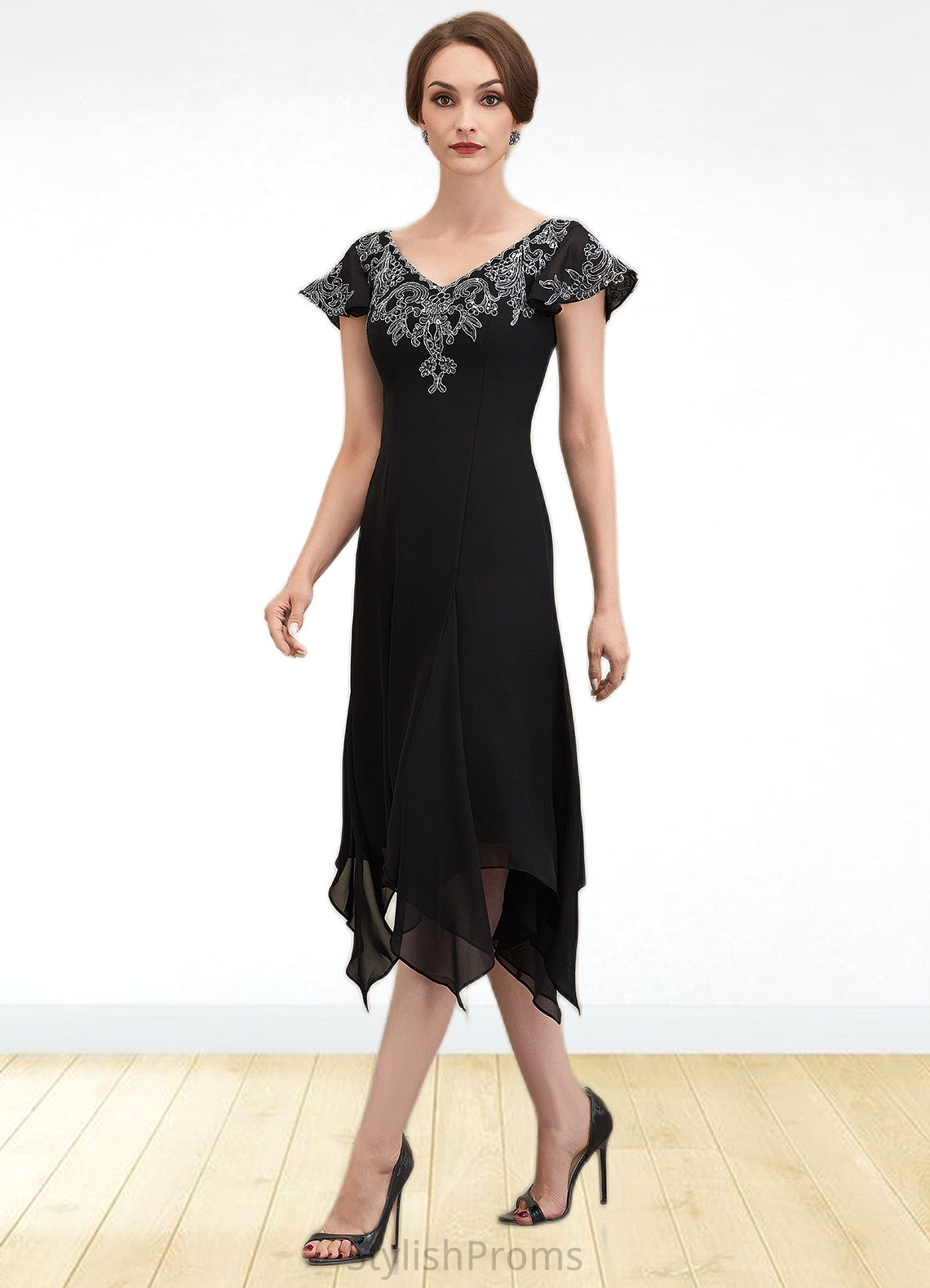 Gianna A-Line V-neck Tea-Length Chiffon Lace Mother of the Bride Dress With Sequins HQ126P0014967