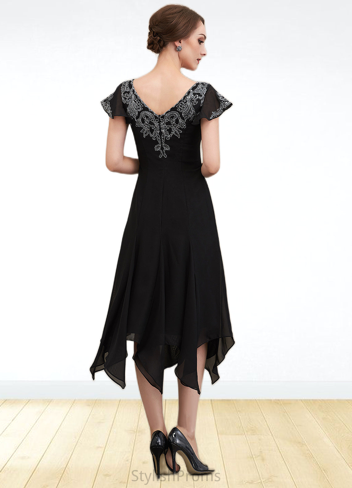 Gianna A-Line V-neck Tea-Length Chiffon Lace Mother of the Bride Dress With Sequins HQ126P0014967