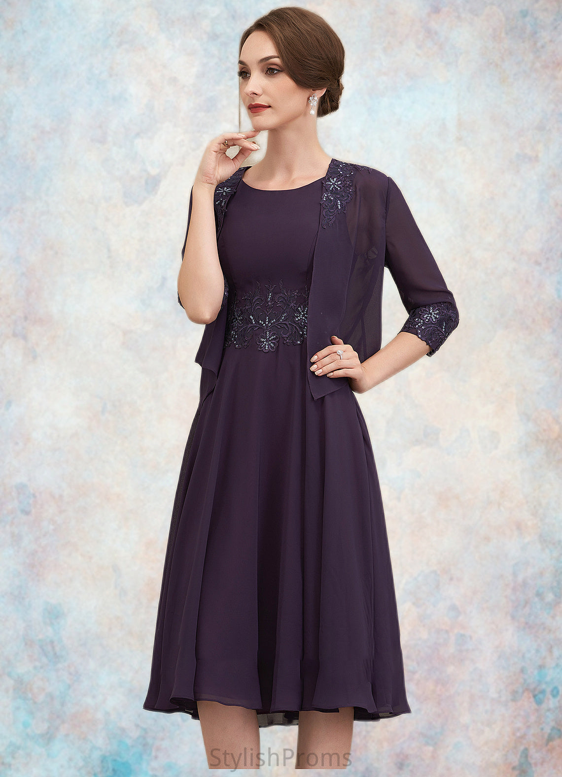 Sydnee A-Line Scoop Neck Knee-Length Chiffon Lace Mother of the Bride Dress With Sequins HQ126P0014968