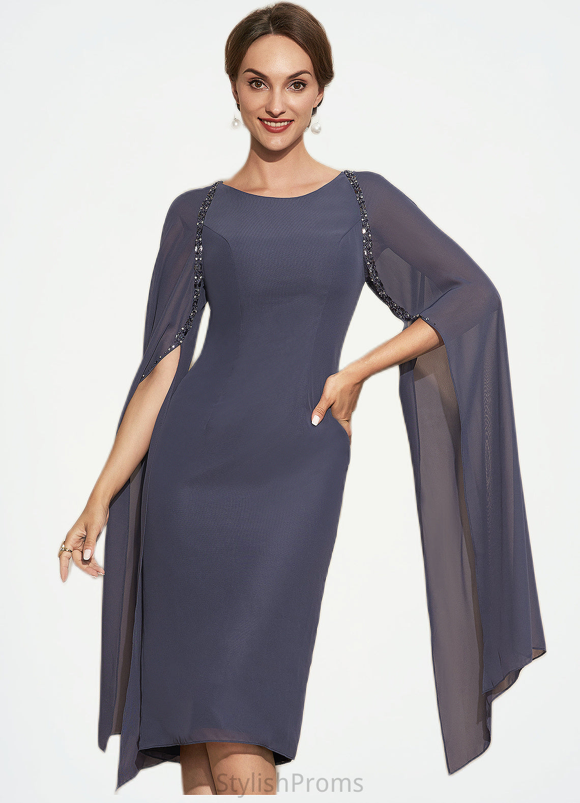 Melany Sheath/Column Scoop Neck Knee-Length Chiffon Mother of the Bride Dress With Beading HQ126P0014969