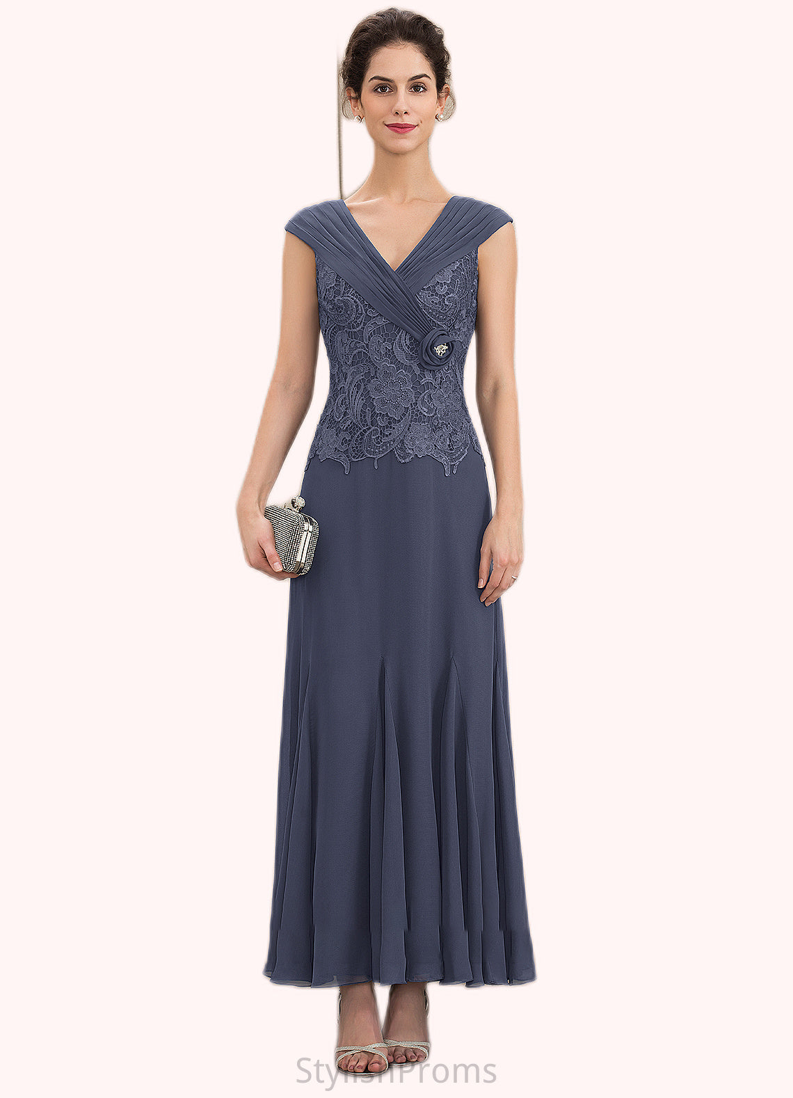 Makena A-Line V-neck Ankle-Length Chiffon Lace Mother of the Bride Dress With Ruffle Beading HQ126P0014971