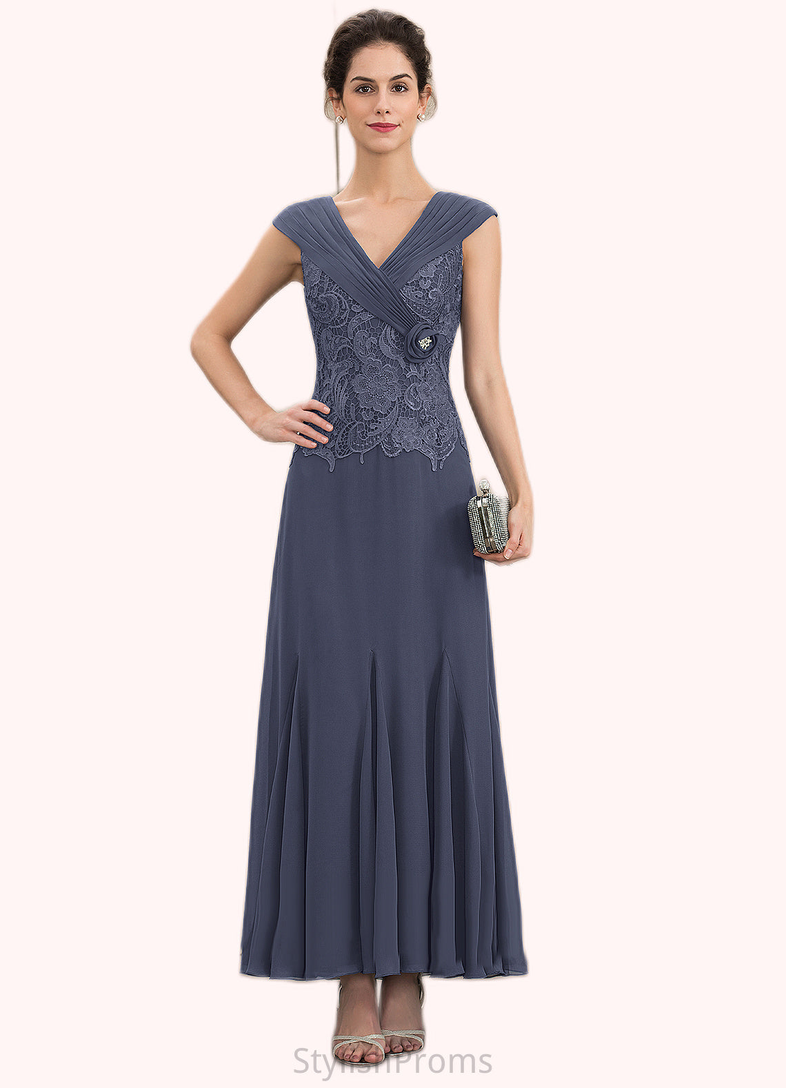 Makena A-Line V-neck Ankle-Length Chiffon Lace Mother of the Bride Dress With Ruffle Beading HQ126P0014971