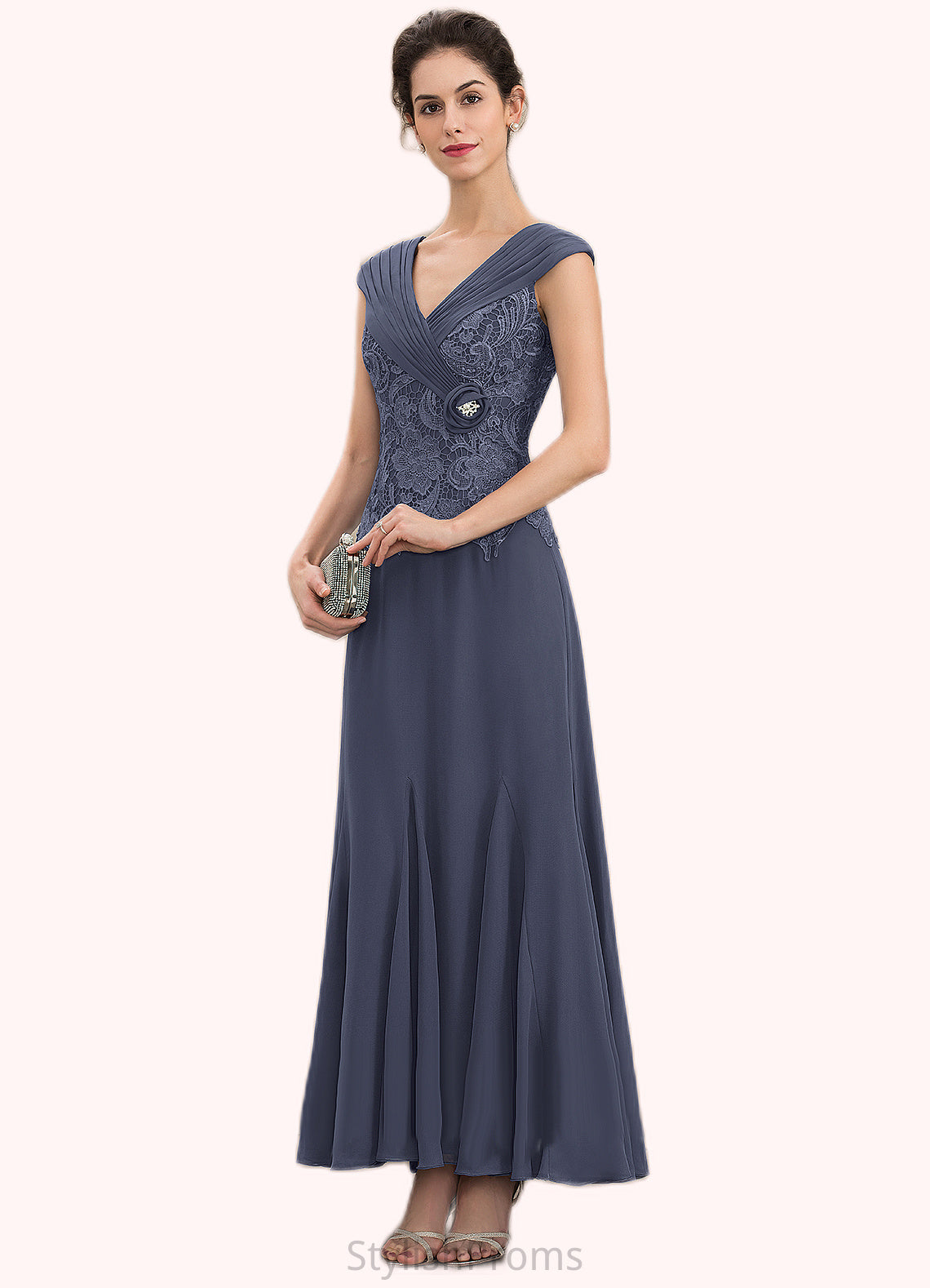 Makena A-Line V-neck Ankle-Length Chiffon Lace Mother of the Bride Dress With Ruffle Beading HQ126P0014971