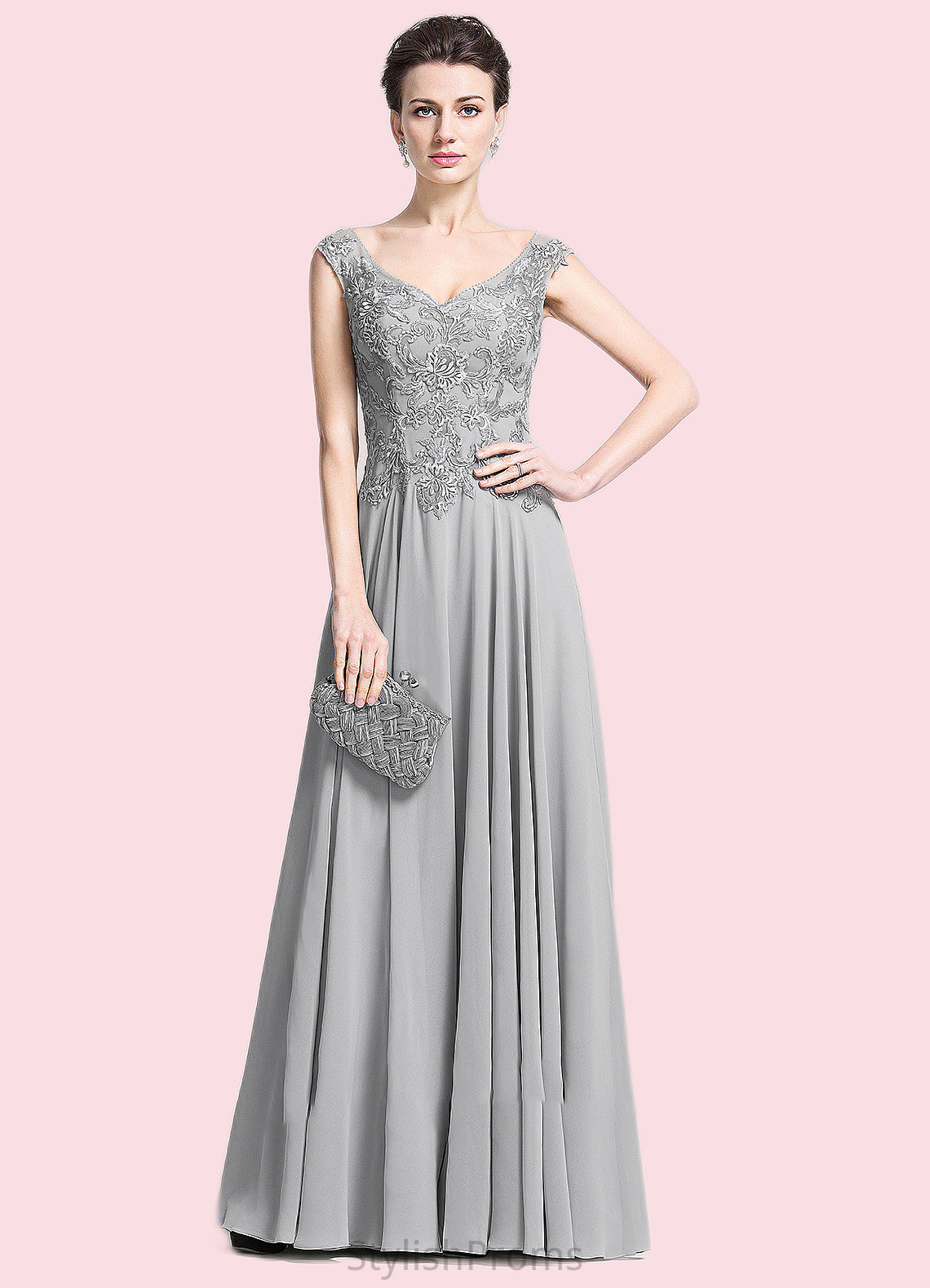 Carissa A-Line V-neck Floor-Length Chiffon Mother of the Bride Dress With Appliques Lace HQ126P0014974